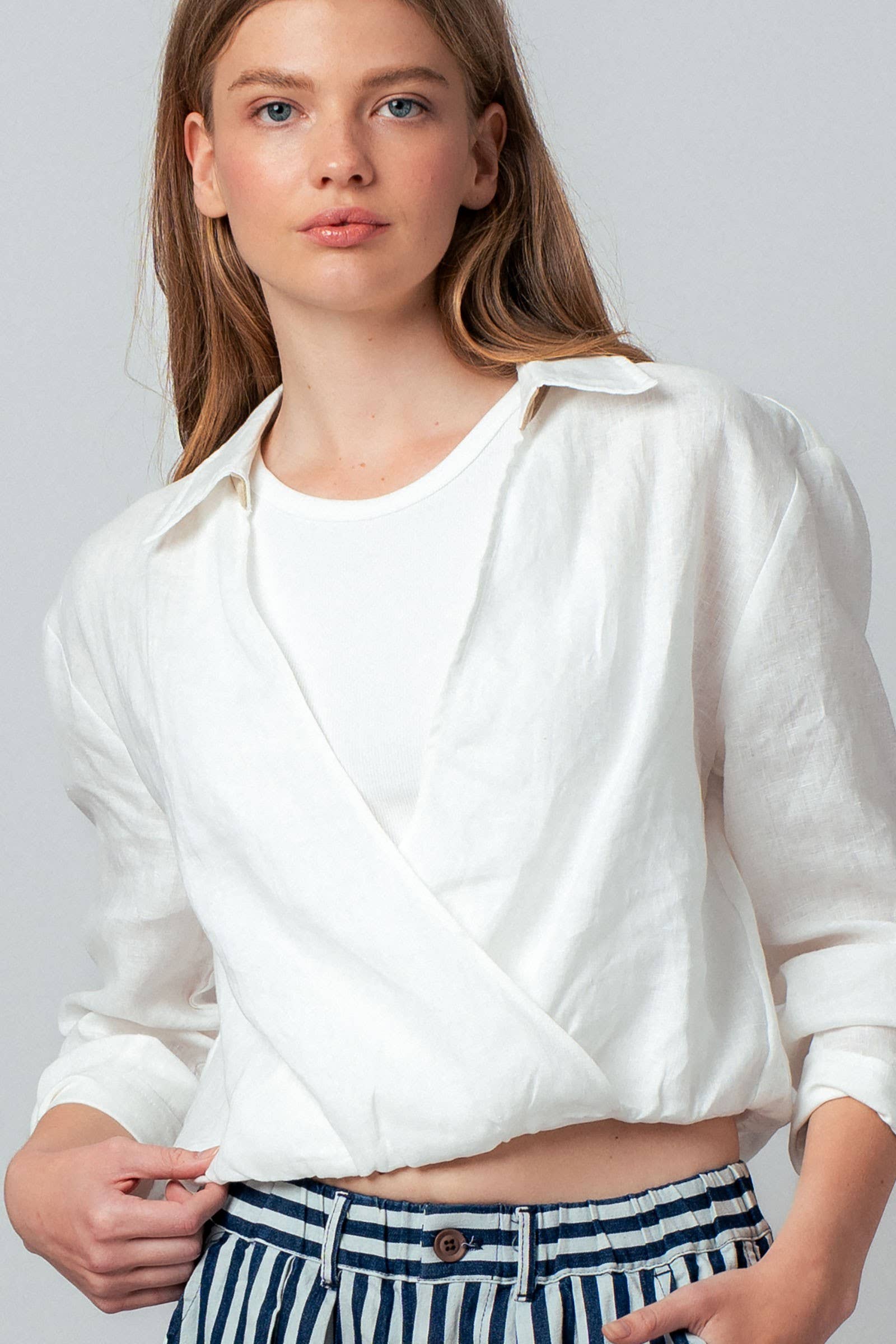 Collared Linen Wrap Crop Top