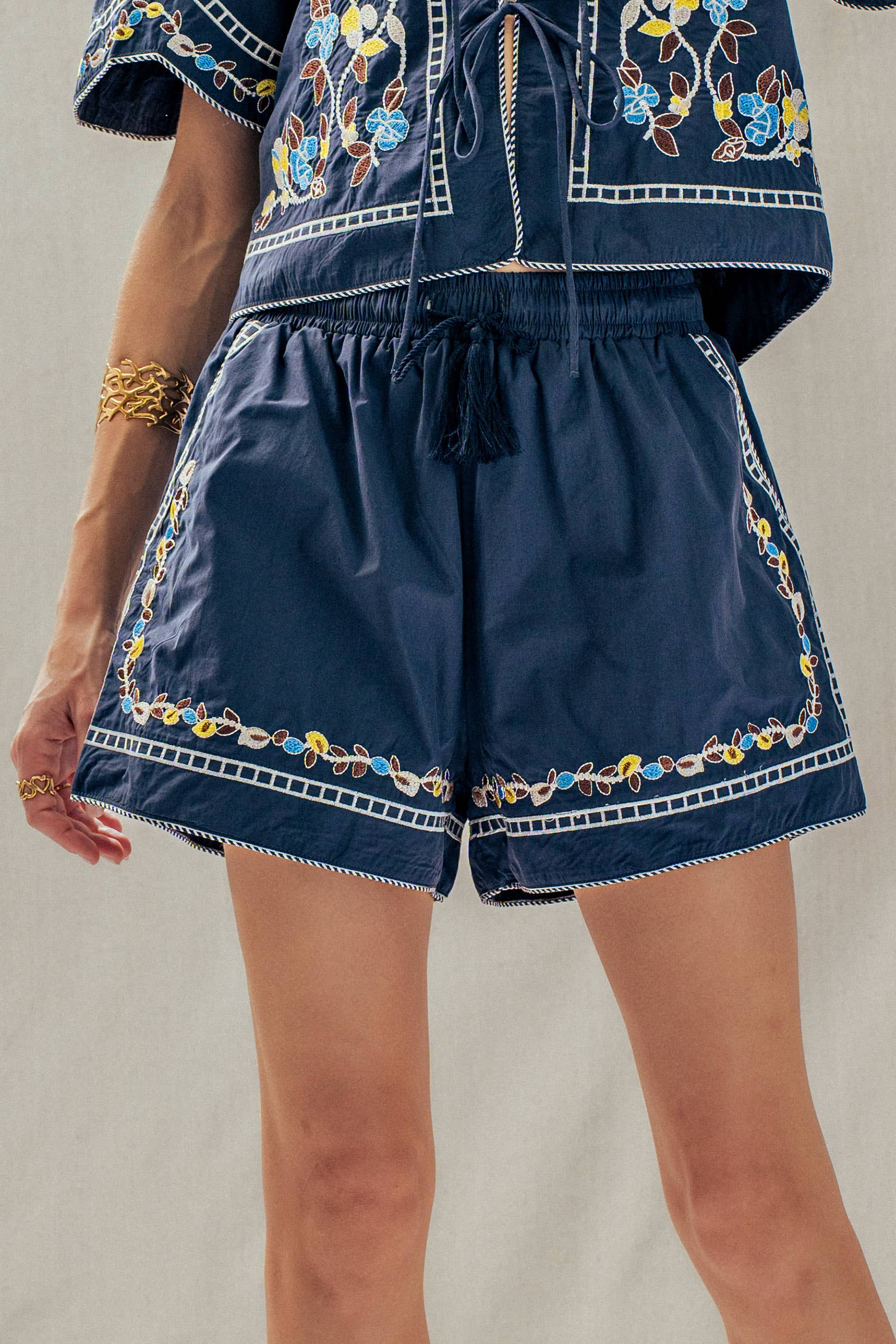 Floral Embroidered Drawstring Cotton Shorts