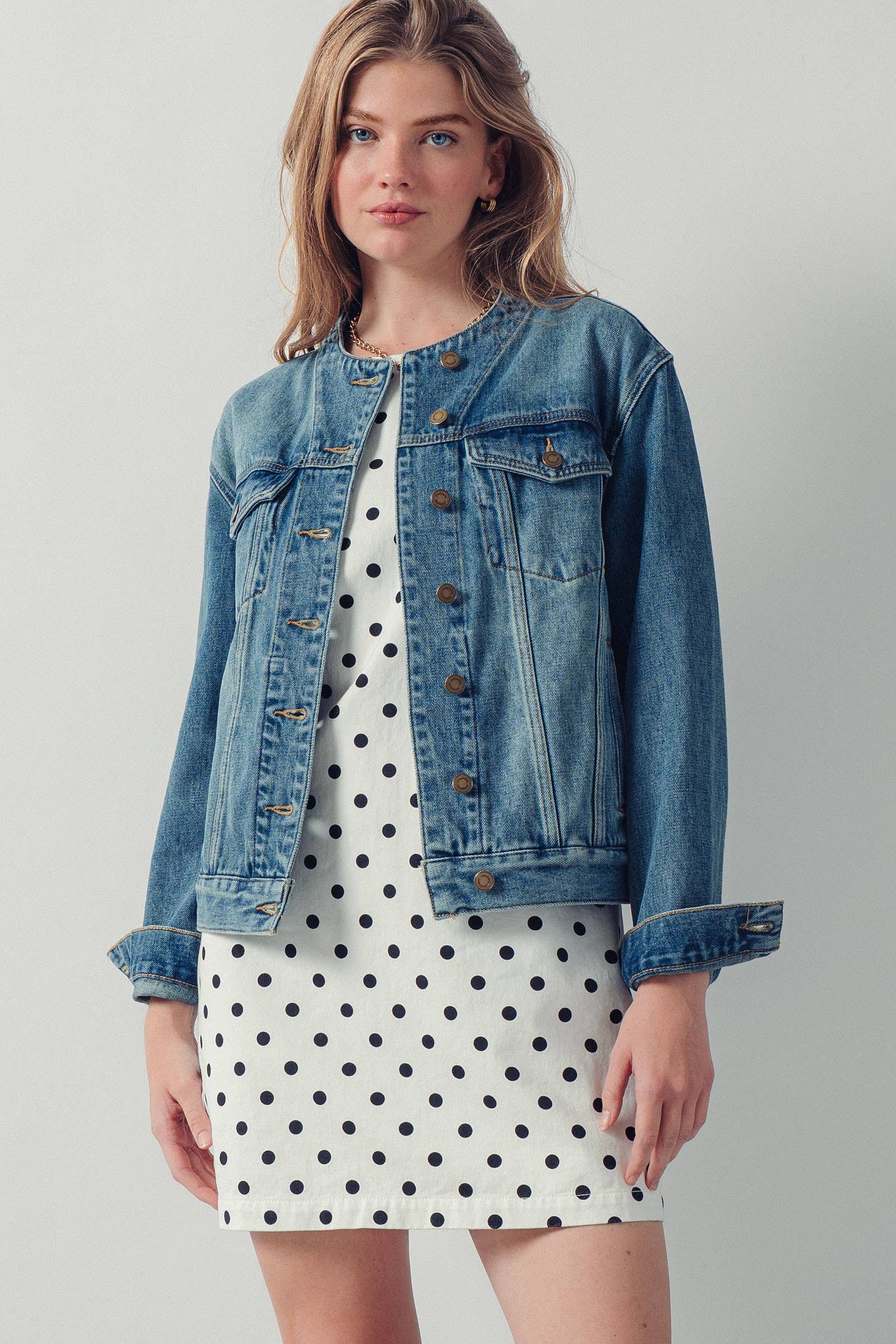 Urban Daizy Collarless Wash Denim Chore Jacket Denim Denim Jacket - Women's (UDOW0294-Denim) – alternate view 7