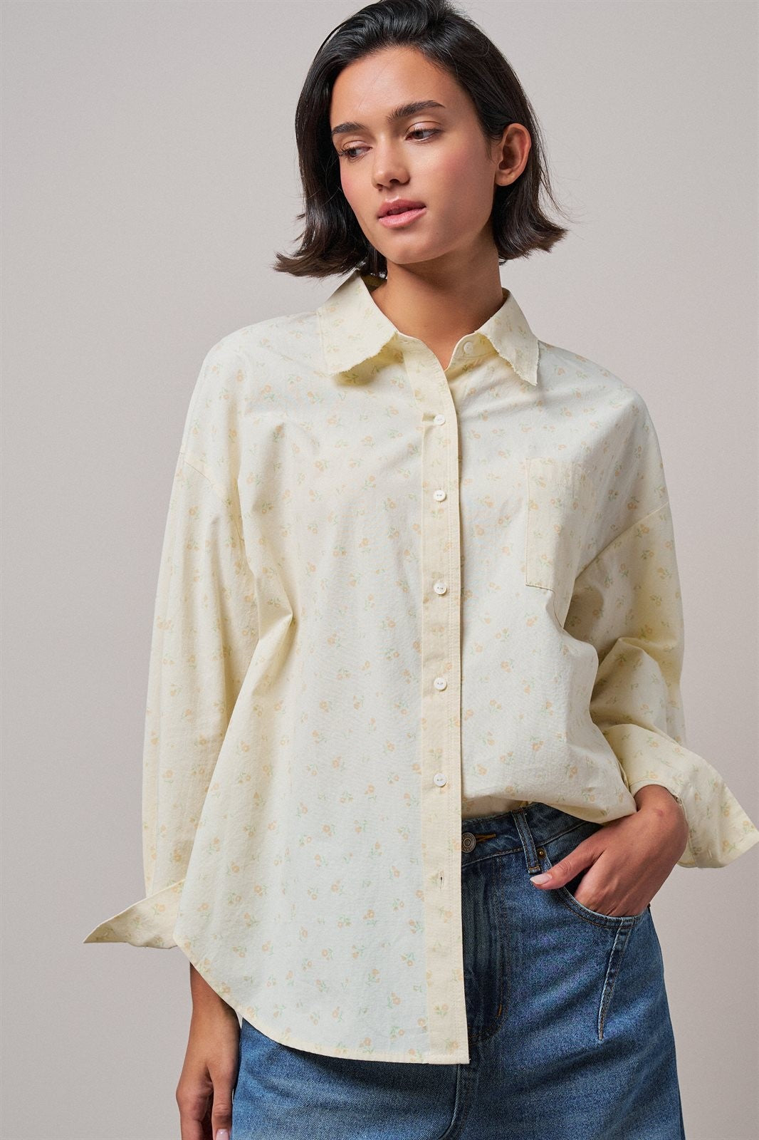 Soft Meadow Button-Down Shirt in CREAM - Women's Shirts & Blouses | Urban Daizy