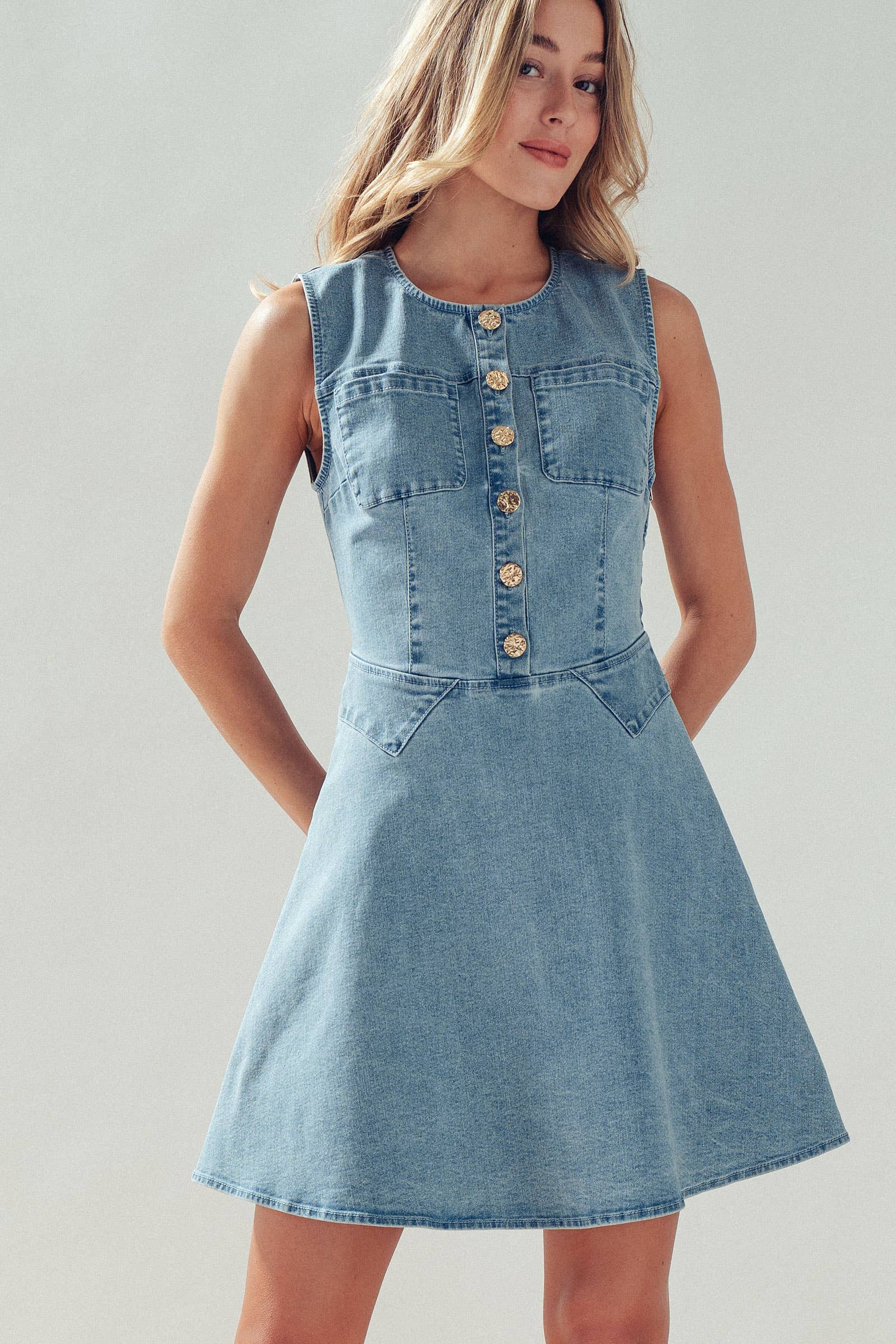 Urban Daizy Button Front Sleeveless Stretch Denim Mini Dress Lt-Pink Dress - Women's (UDZ-DR-00500) – alternate view 4