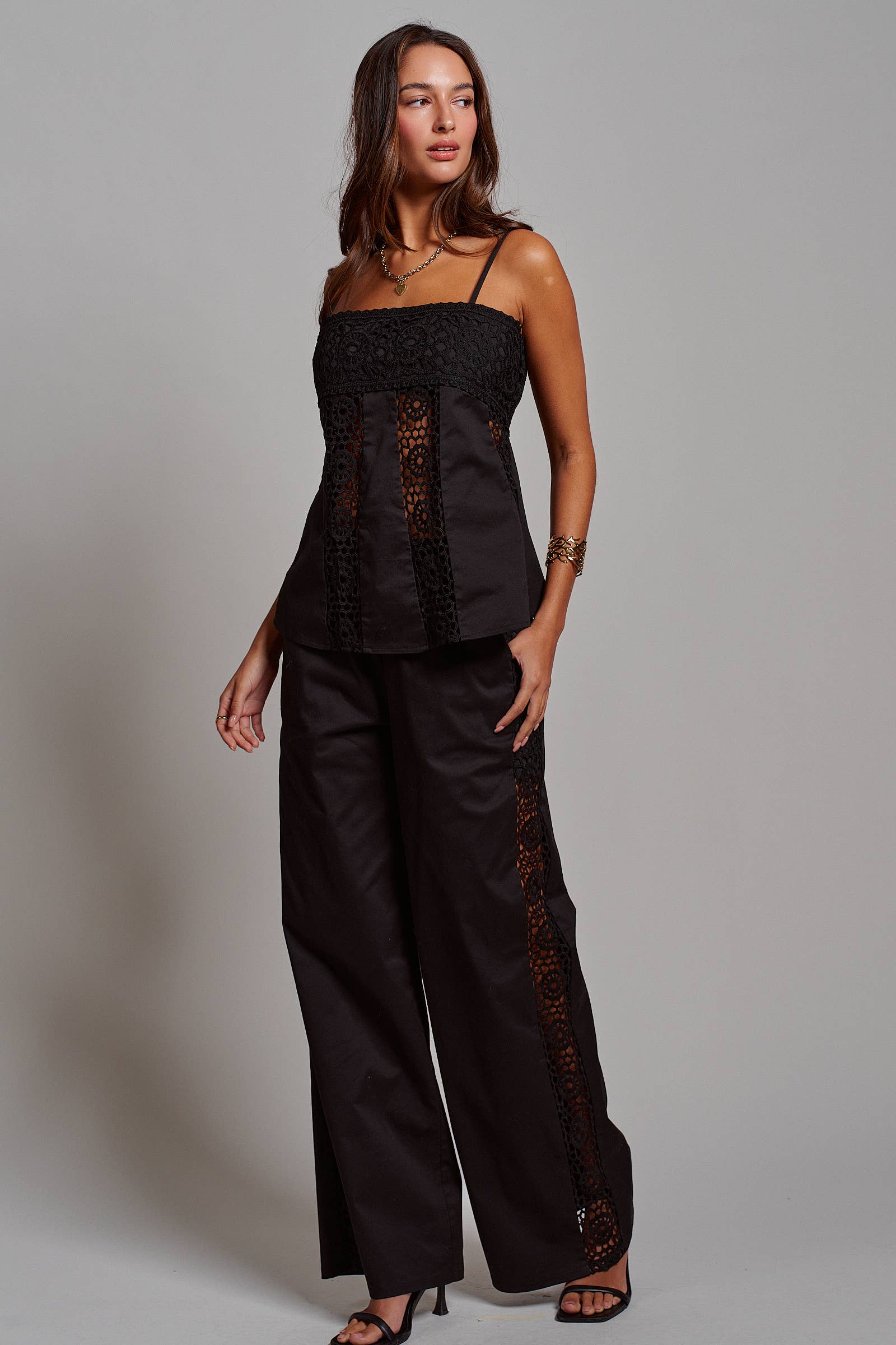 Cotton Eyelet Two-Piece Set Peplum Cami & Pants