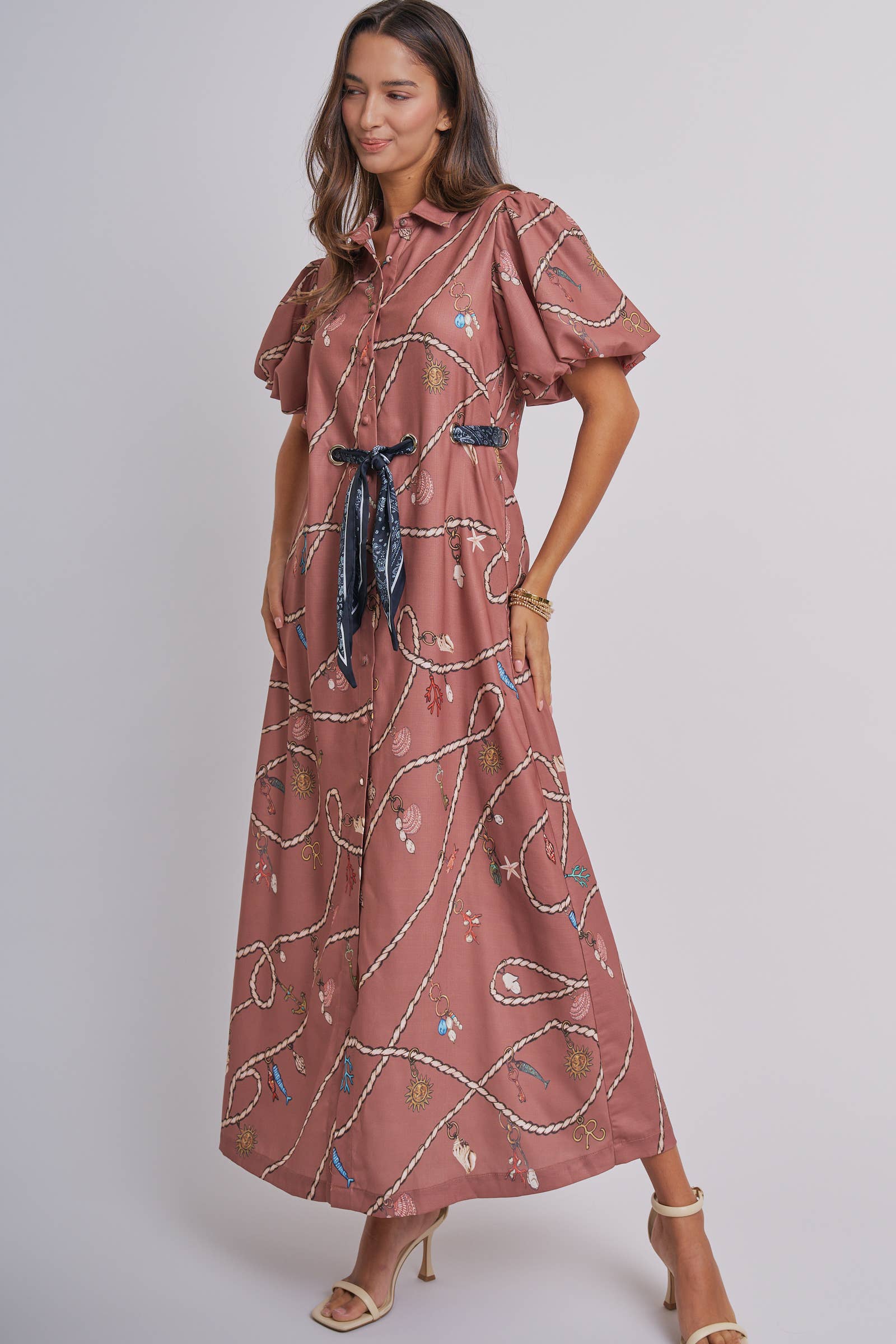 Nautical Motif Puff Sleeve Shirt Dress
