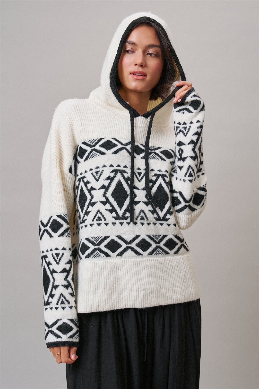 Nordic Fair Isle Hooded Sweater Wool Blend in IVORY BLACK - Women's Sweaters | Urban Daizy