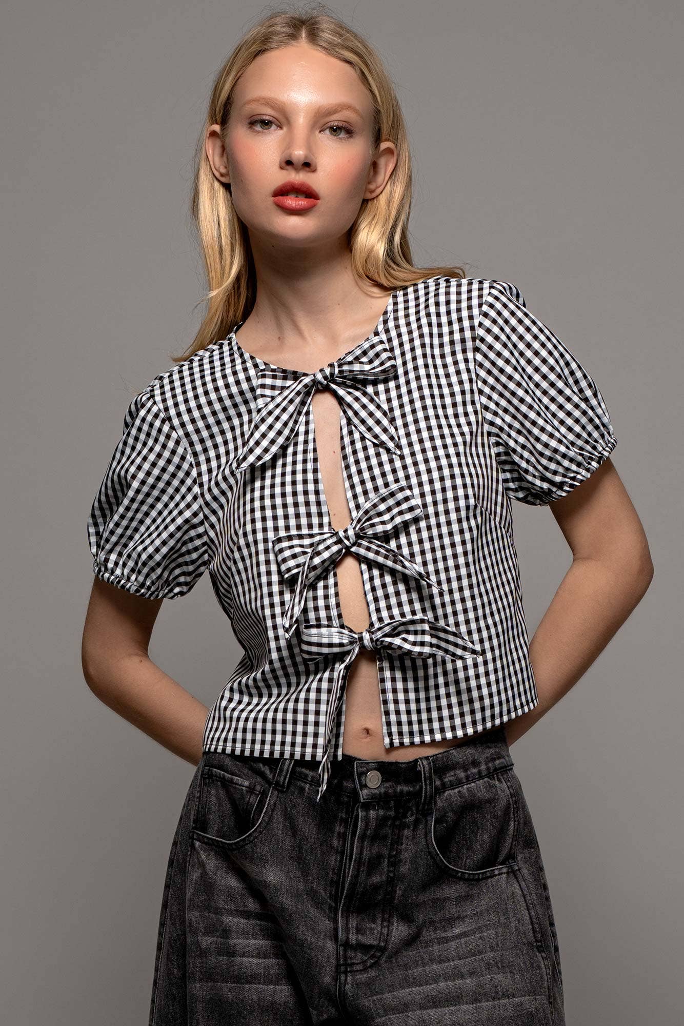 Urban Daizy Gingham Triple Bow Puff Sleeve Crop Top Pink Blouse - Women's (UDZ-TP-01033) – alternate view 15