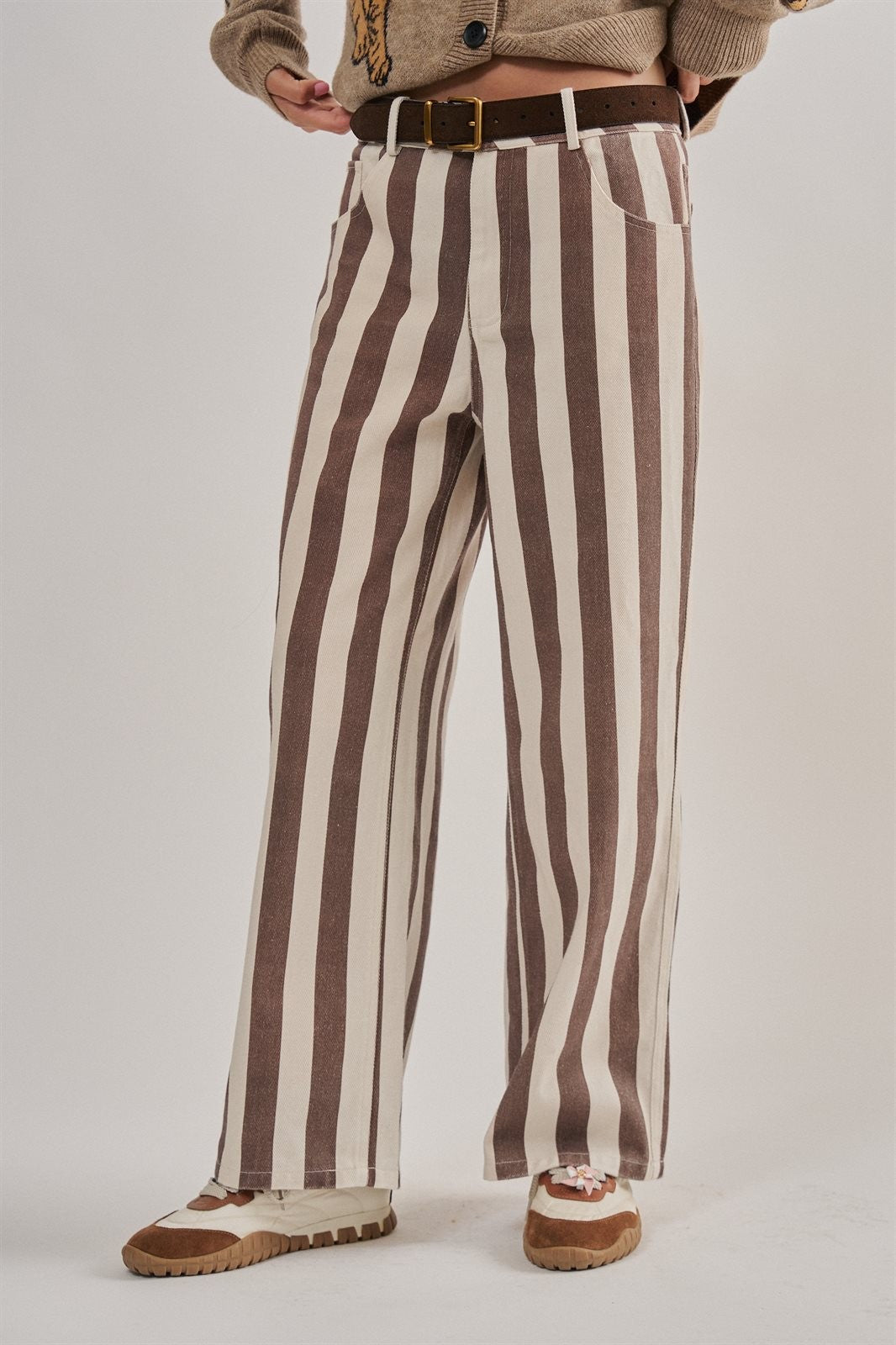 Striped Cropped Wide Leg Denim Pants