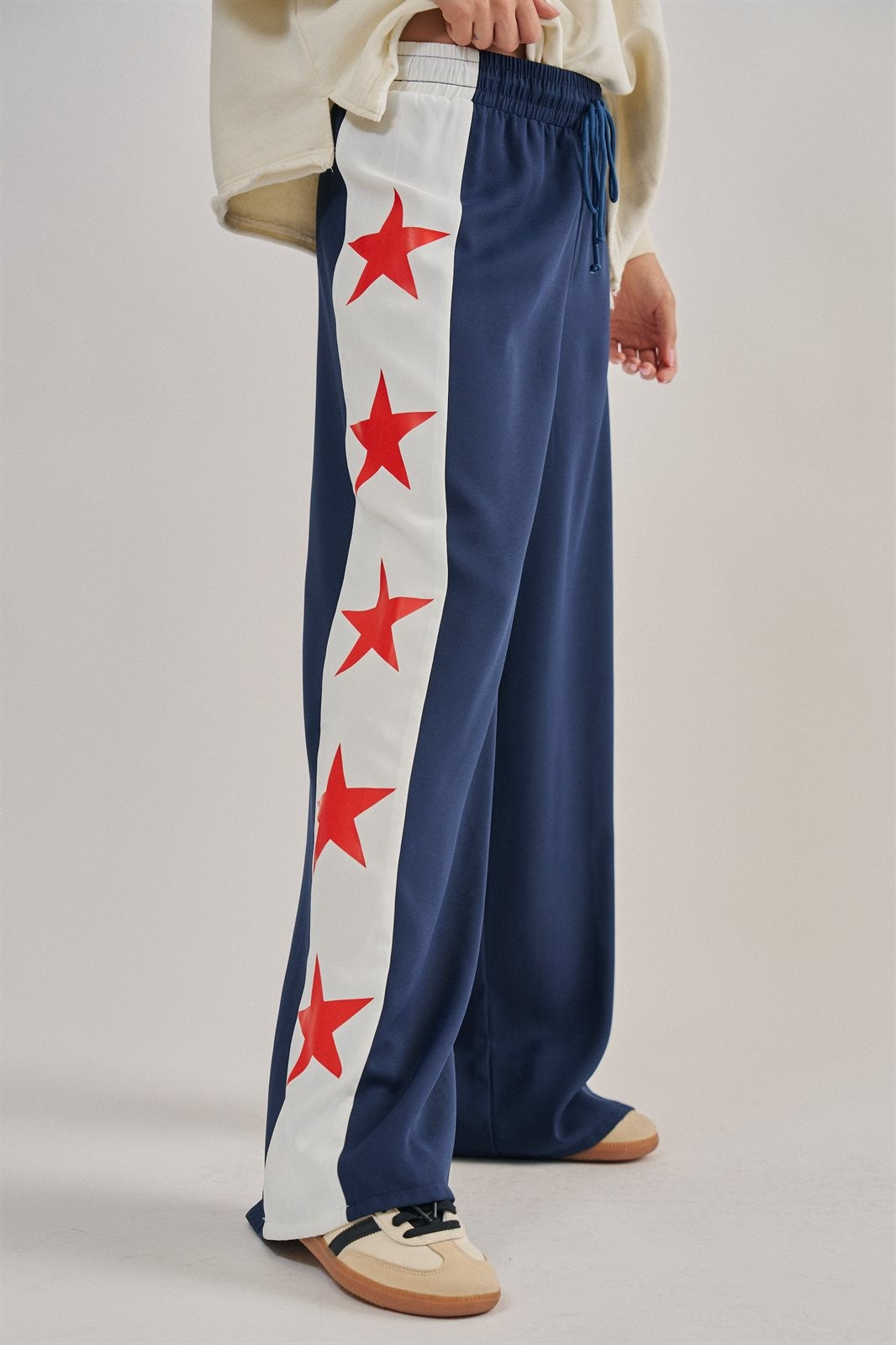 USA Star Side Stripe Wide-Leg Track Pants in NAVY - Women's Casual Pants | Urban Daizy