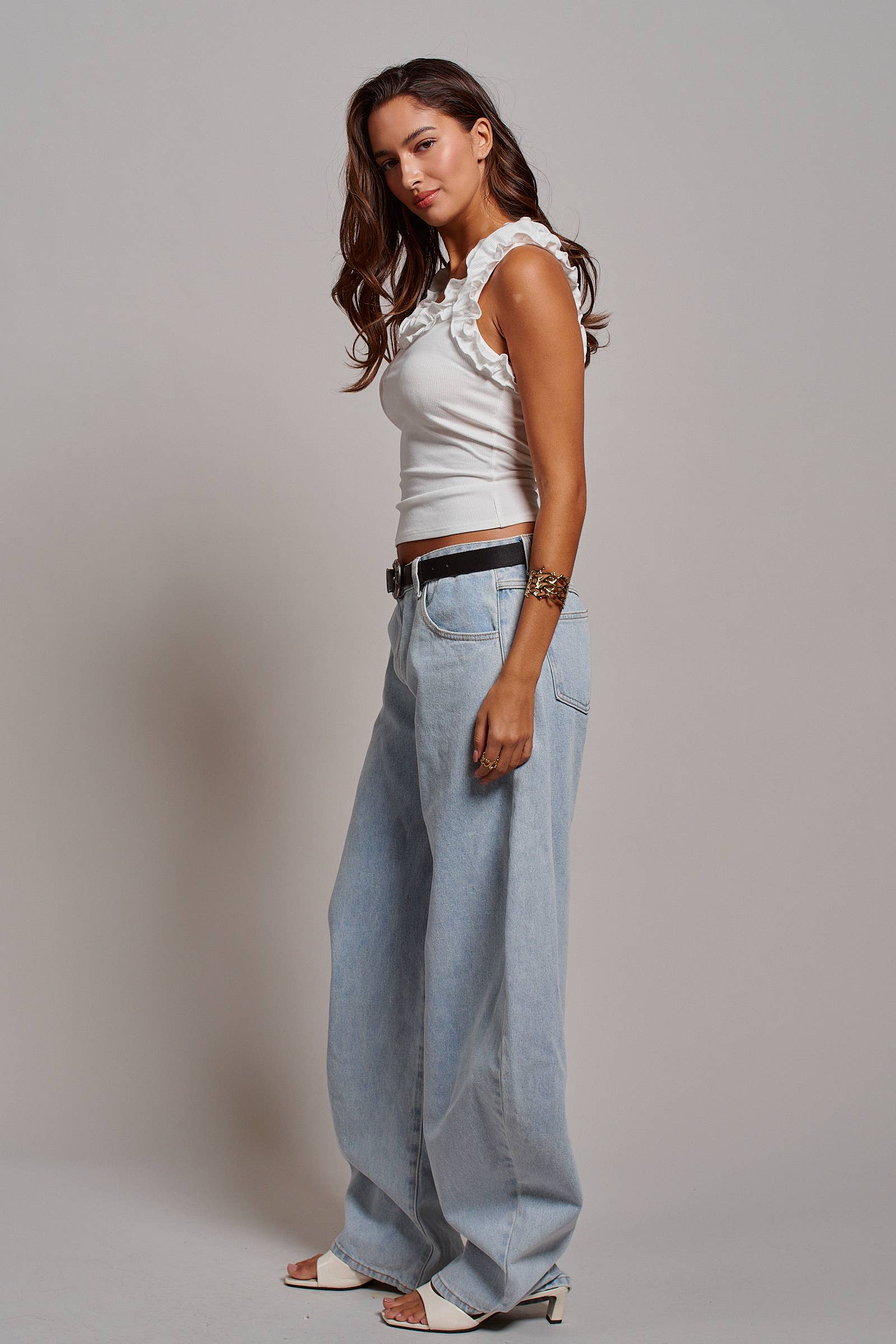 Ruffle Trim Ribbed Rayon Racerback Tank Top