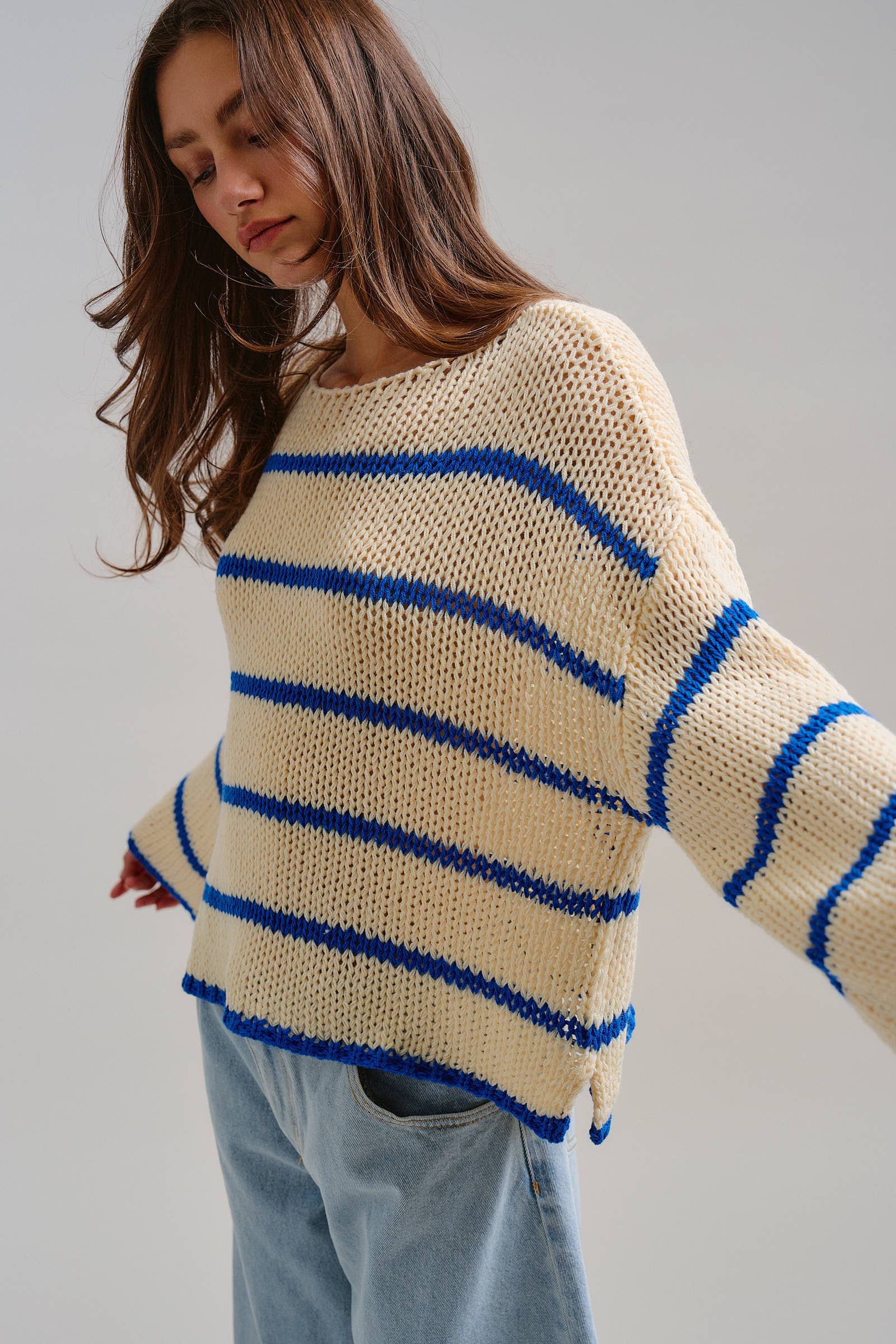 Nautical Striped Open Knit Slouchy Sweater