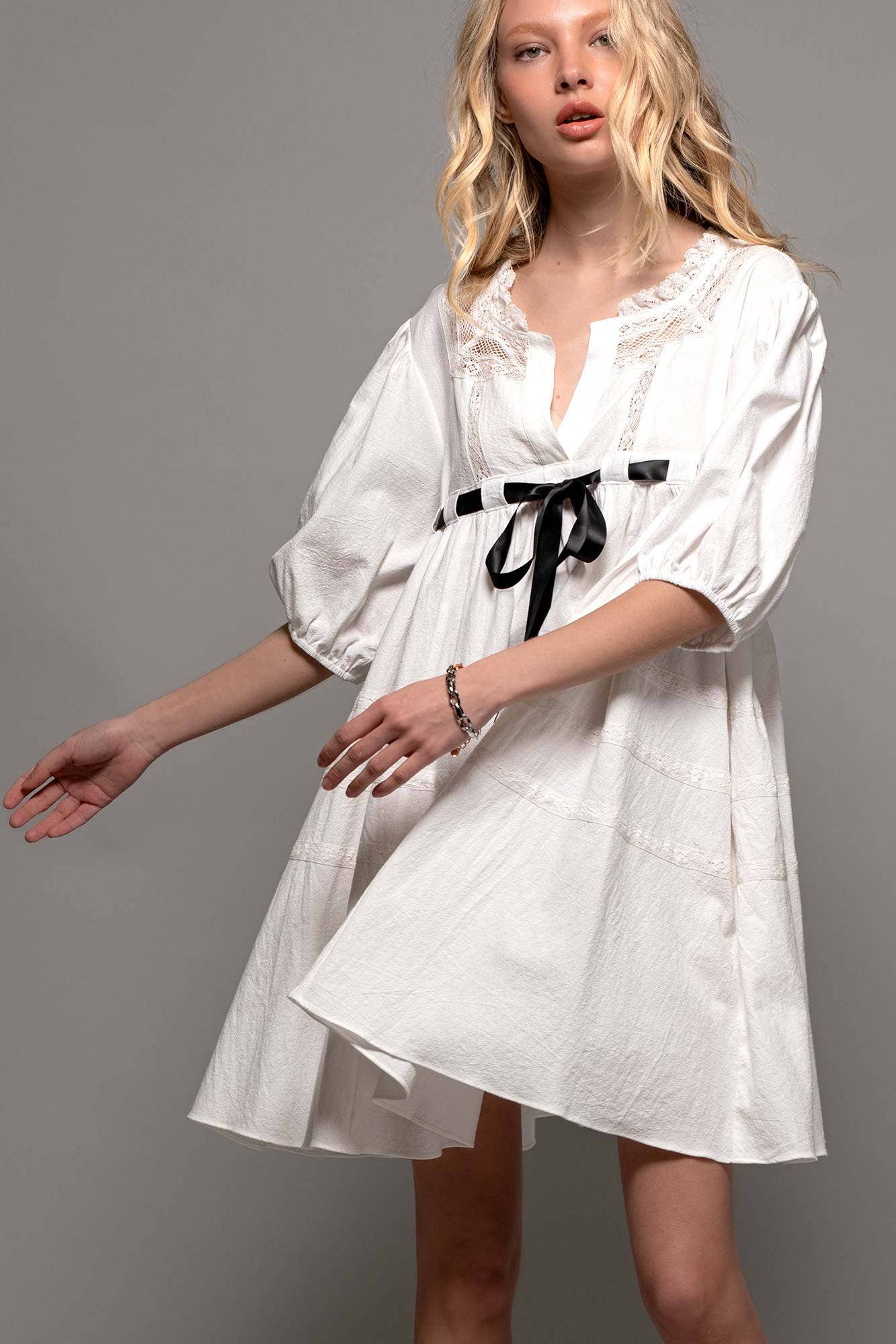 Urban Daizy Square Neck Lace Trim Bow Detail Empire Waist Dress Ivory Dress - Women's (UDZ-DR-00332) – alternate view 14