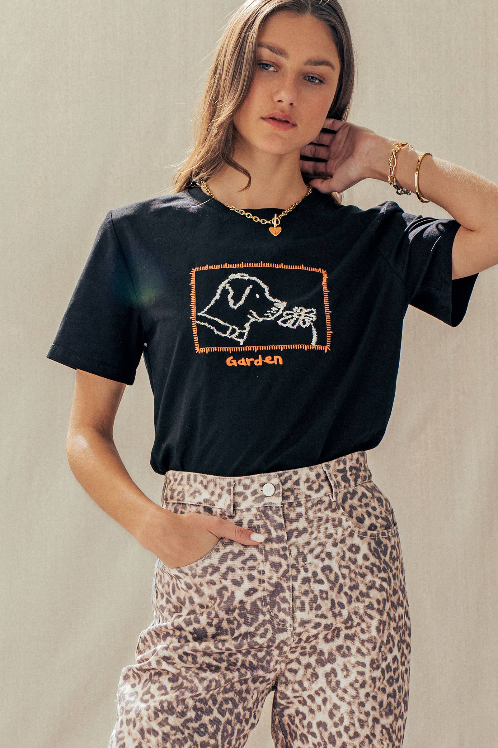 Whimsical Dog & Daisy Embroidered Cotton Tee