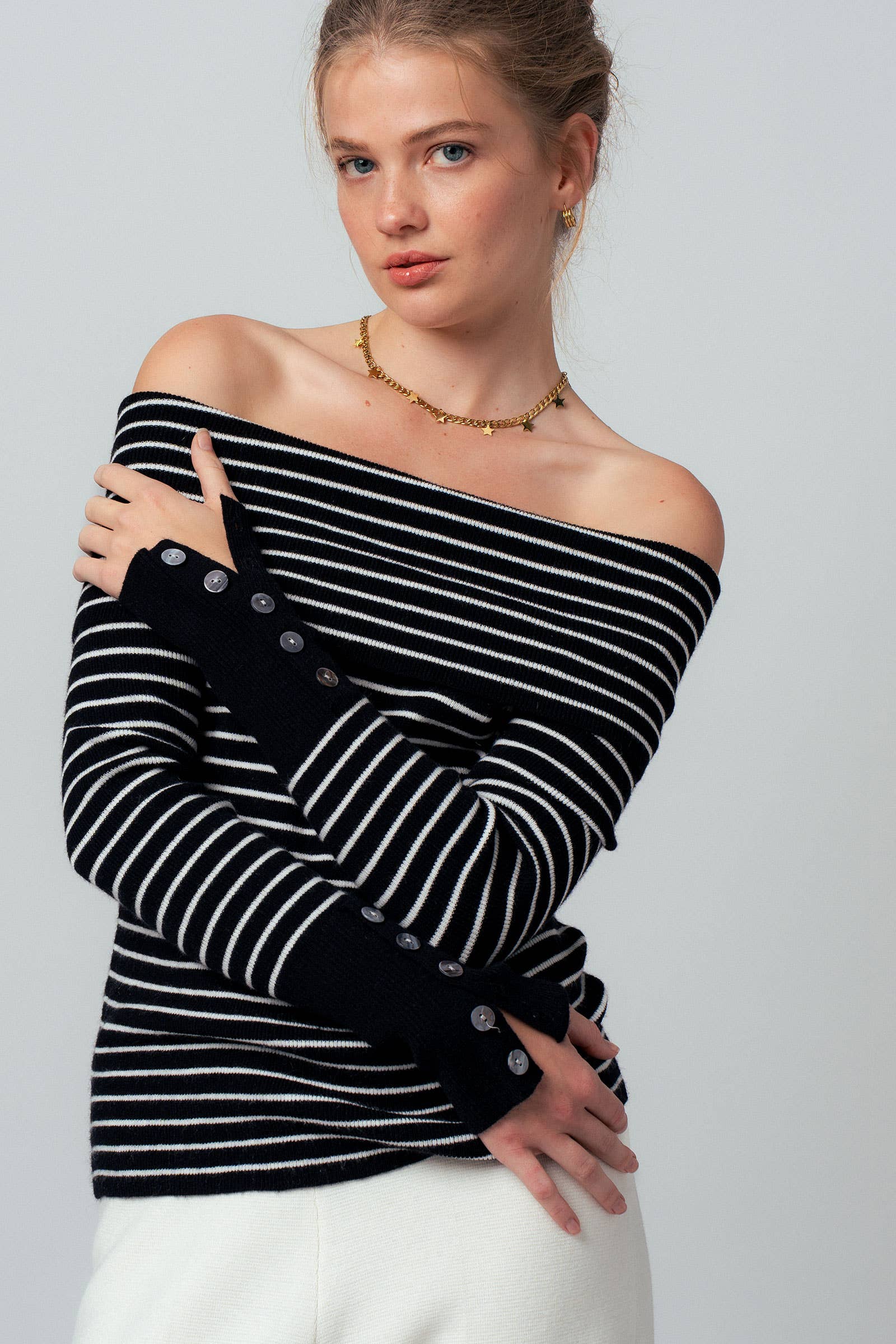 Off-Shoulder Striped Knit Top