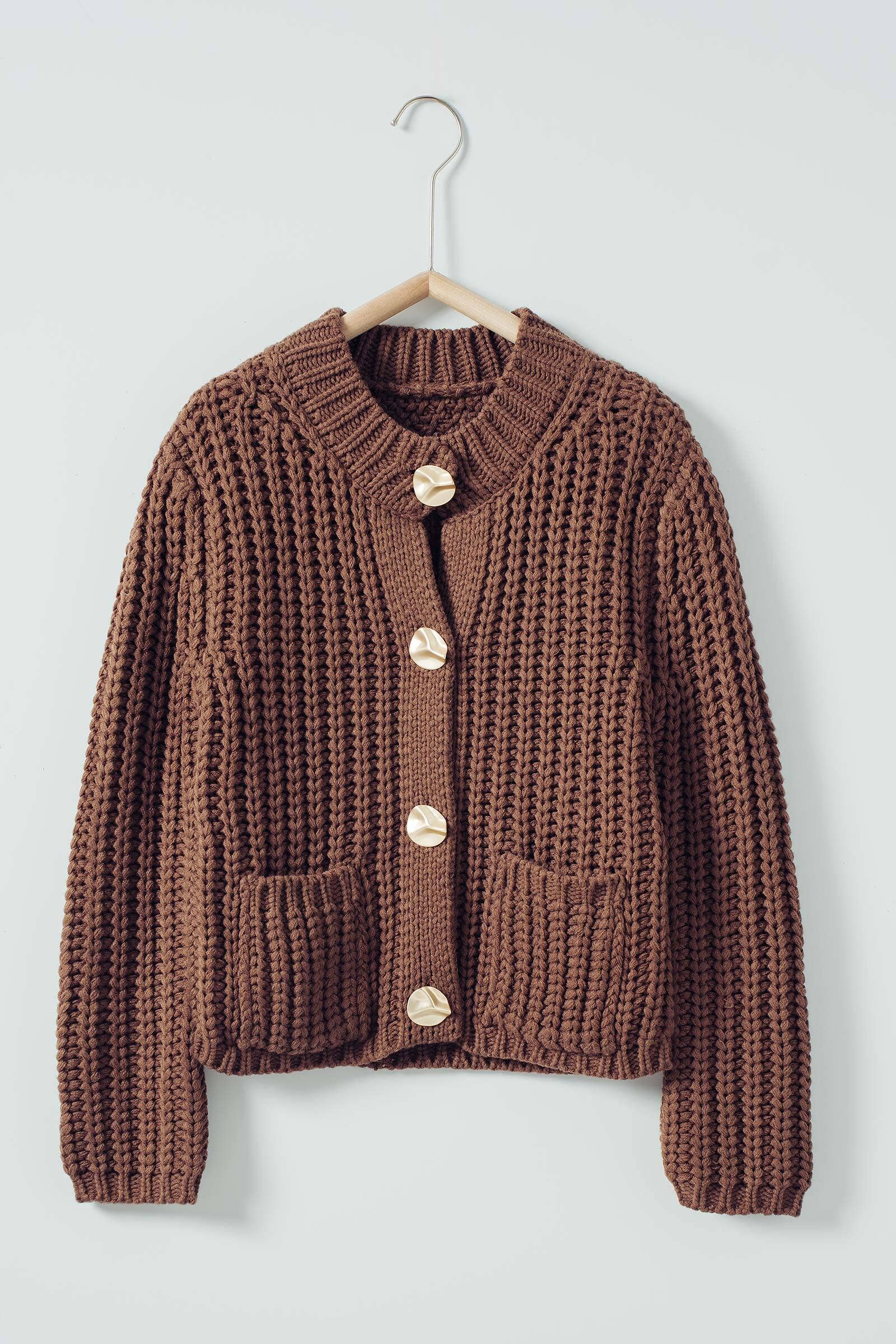 Chunky Gold Button Ribbed Knit Cardigan