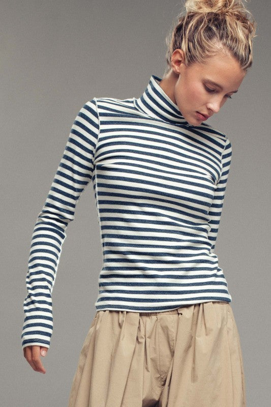 Classic Striped Long Sleeve Turtleneck Top in IVORY NAVY - Women's T-Shirts & Polos | Urban Daizy