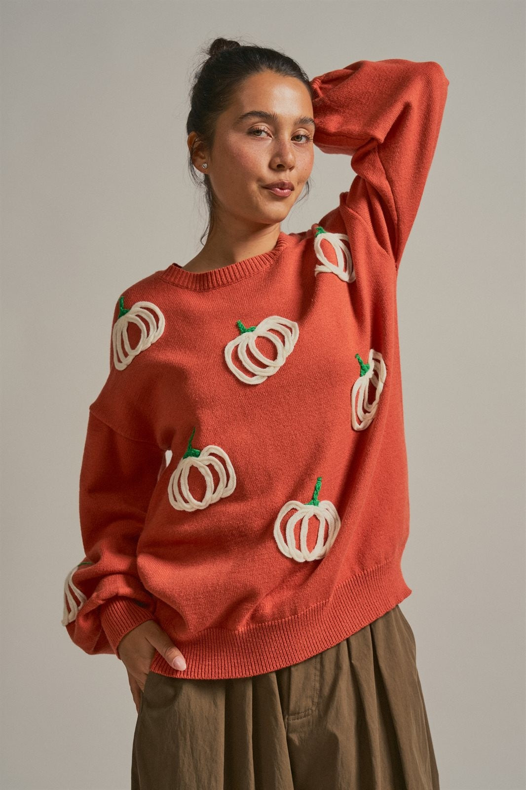Pumpkin Embroidered Crew Neck Sweater in RUST - Women's Sweaters | Urban Daizy