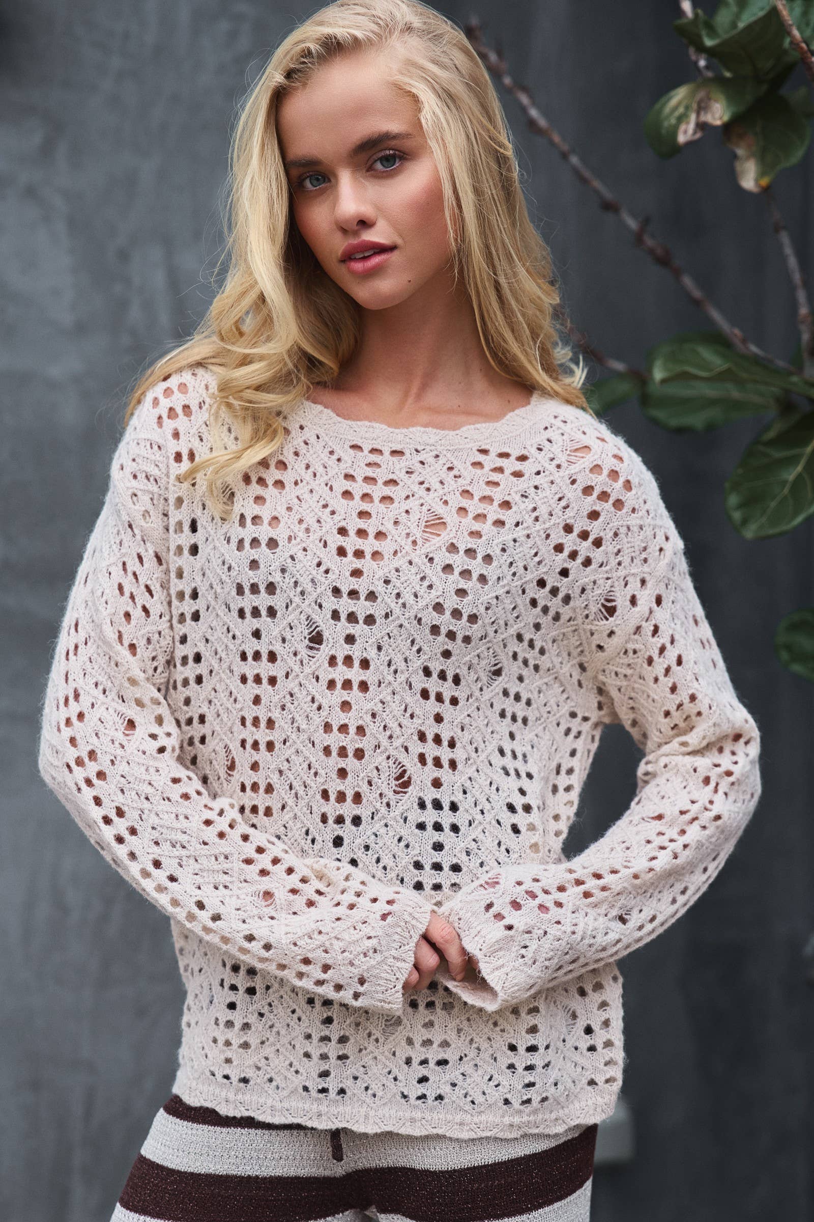 Urban Daizy Relaxed Open-Knit Crochet-Style Sweater Natural Knit Sweater - Women's (UDZ-KN-00994) – alternate view 4