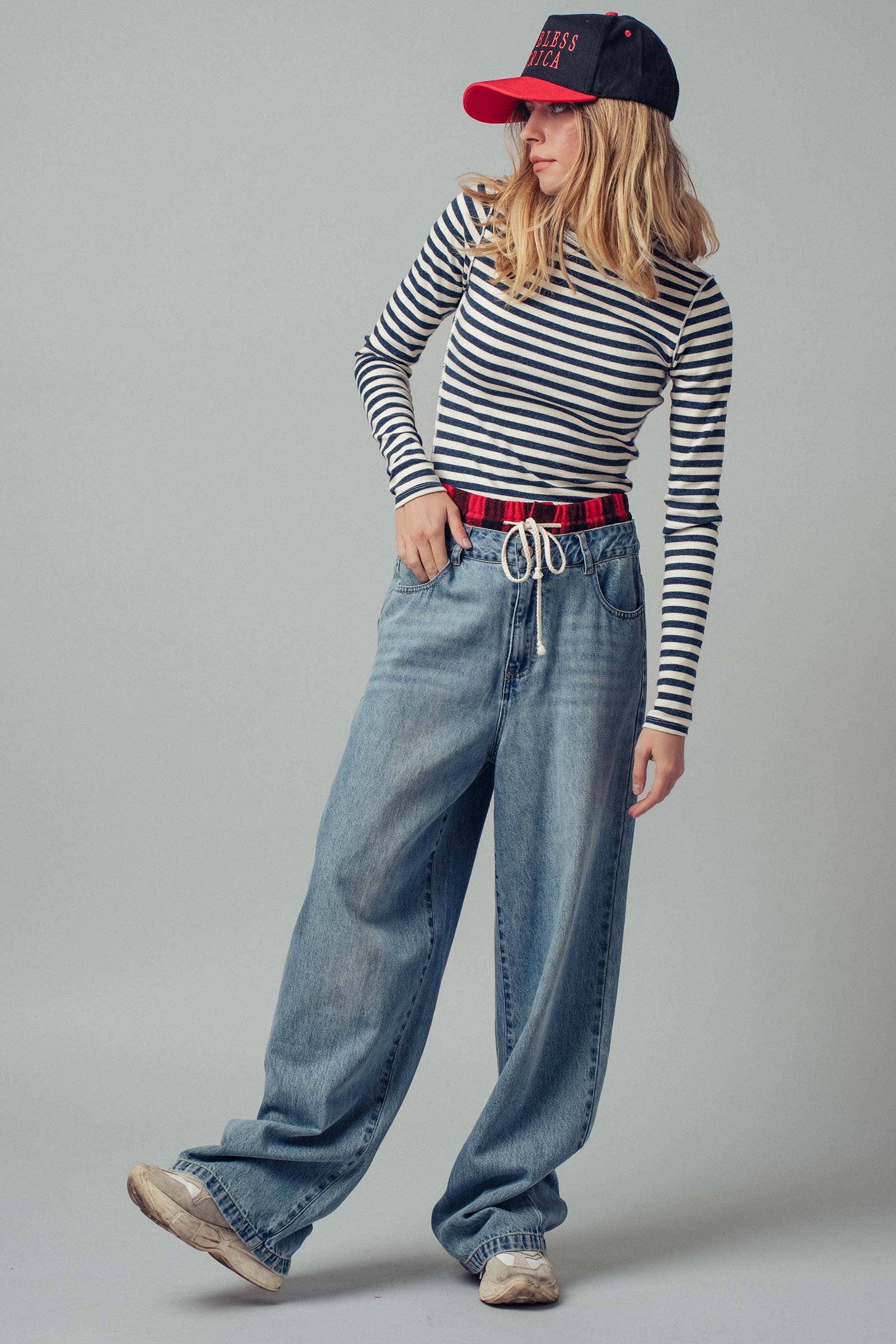 Flannel Waistband Contrast Drawstring Denim Pants
