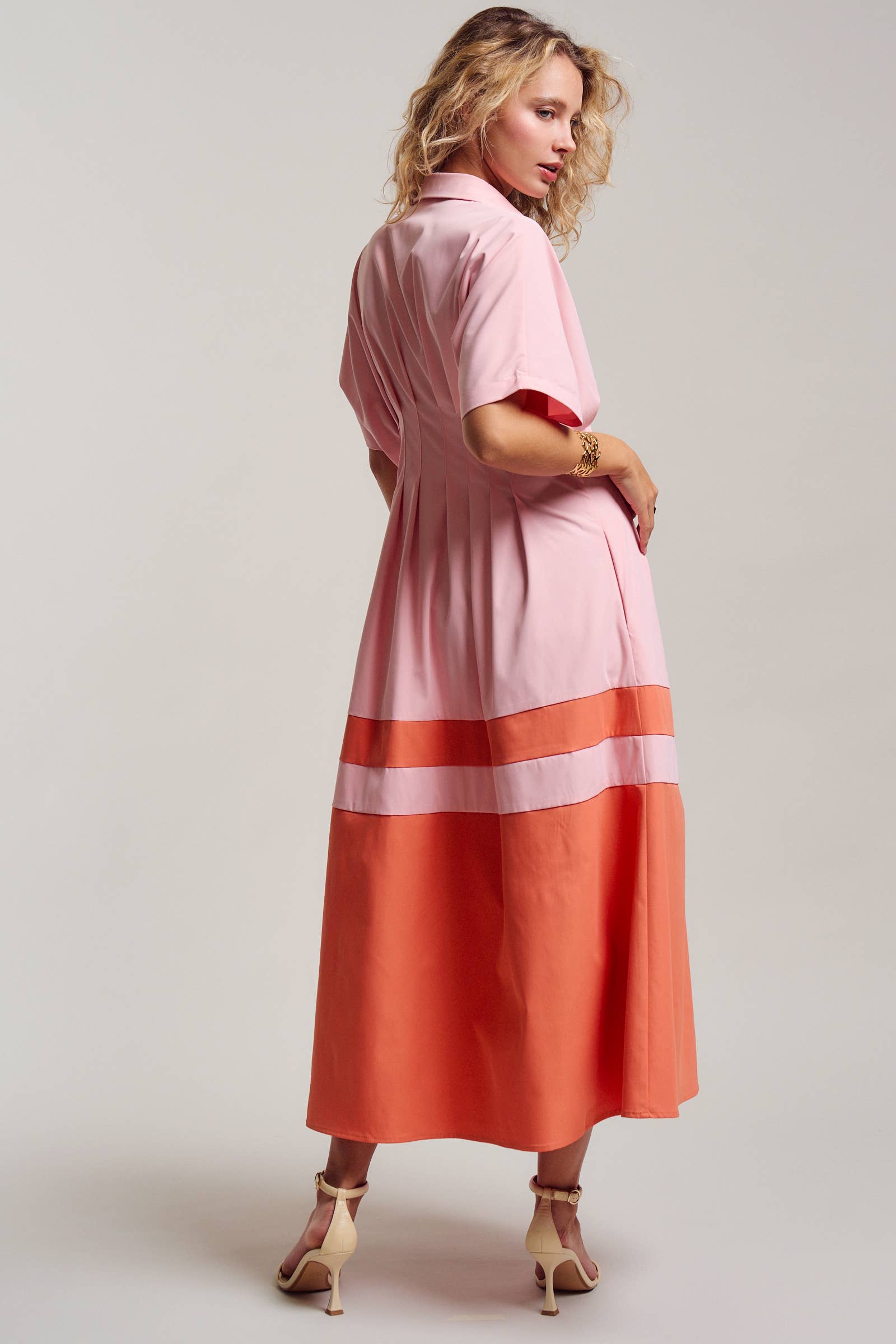 Colorblock Button-Up Cotton Midi Dress