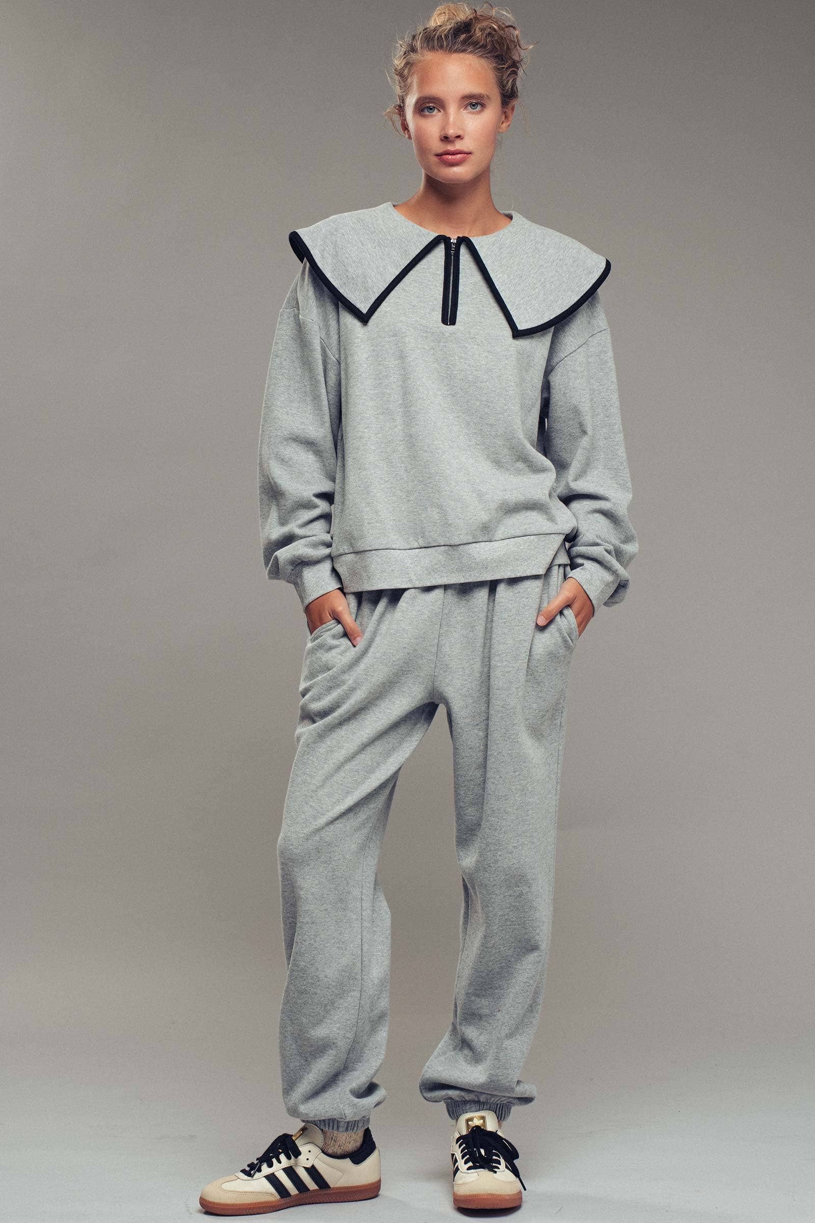 Urban Daizy Statement Sailor Collar Quarter Zip Lounge Set H-Grey Black Top & Pant Set (NOT Loungewear) - Women's… –…