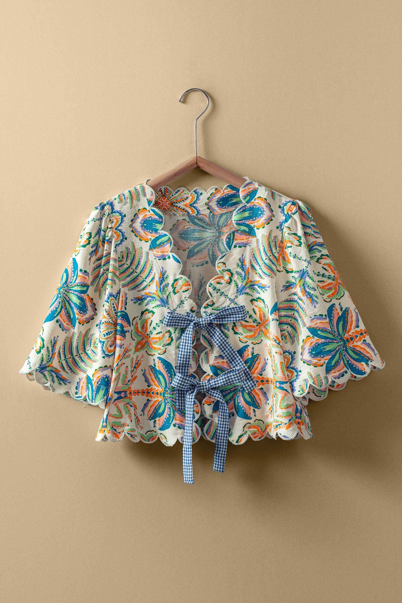 Embroidered Floral Scalloped Tie-Front Top