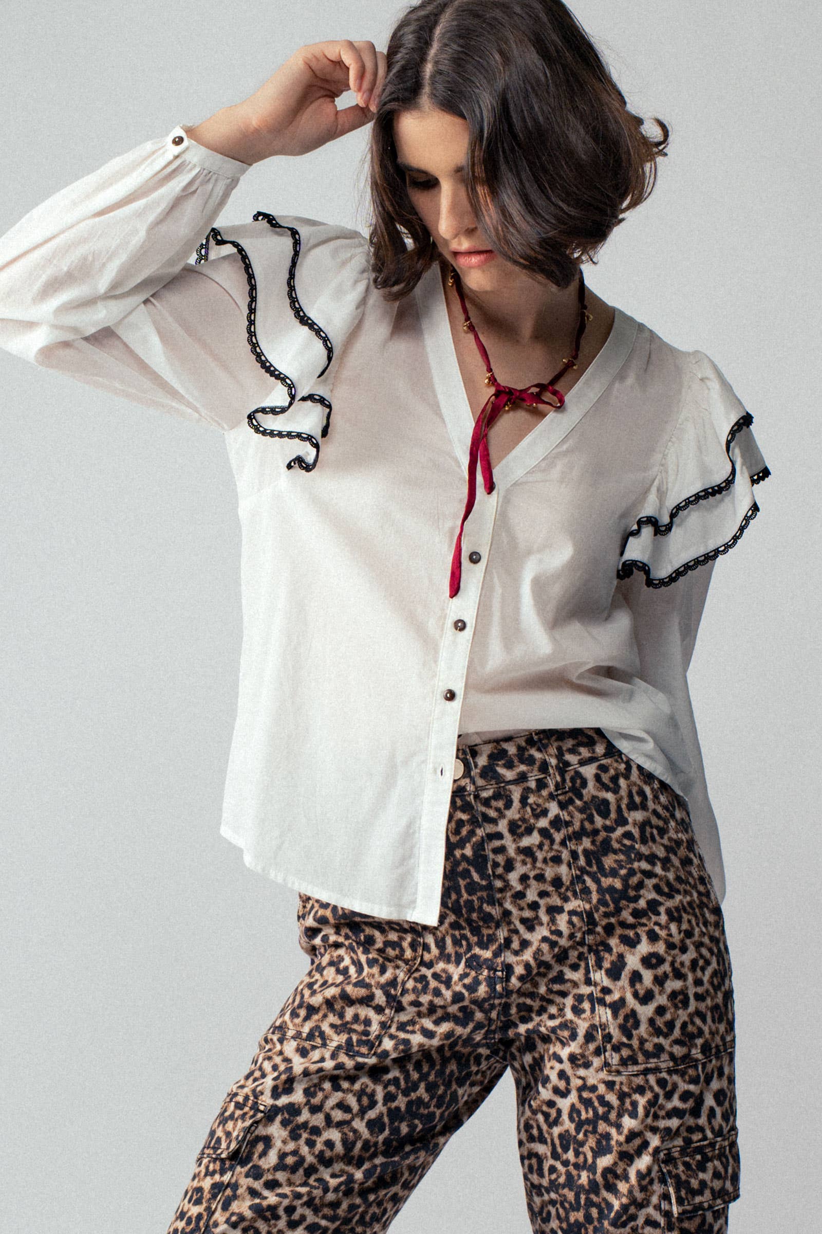 Urban Daizy Ruffled Shoulder V Neck Button Down Blouse White Black Blouse - Women's (UDZ-TP-00746) – alternate view 2