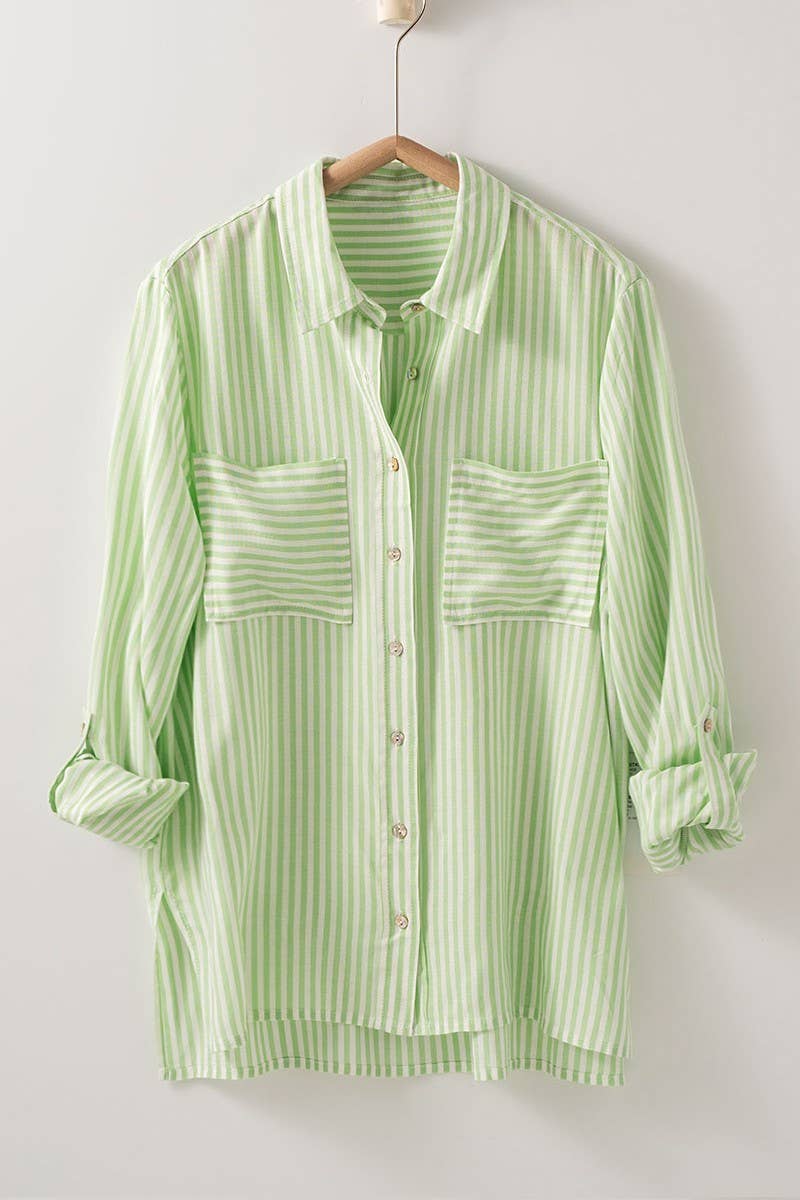 Relaxed Fit Vertical Striped Rayon Button Down Shirt