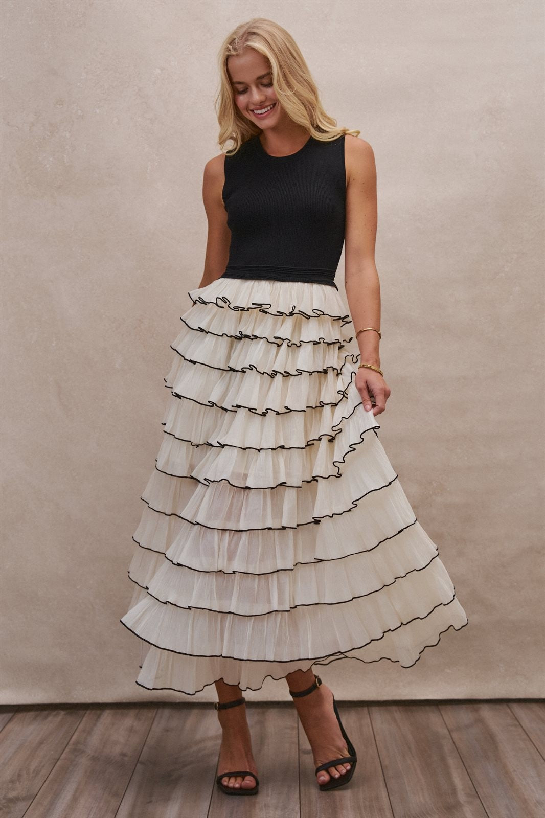 Tiered Ruffle Maxi Dress with Contrast Trim in BLACK - Women's Cocktail Dresses | Urban Daizy