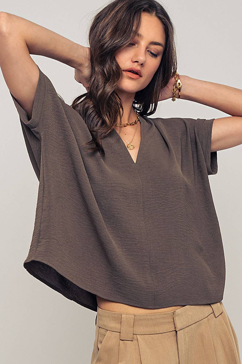 Urban Daizy Relaxed V-Neck Top with Folded Sleeves Ivory Blouse - Women's (UDZ-TP-00570) – alternate view 16