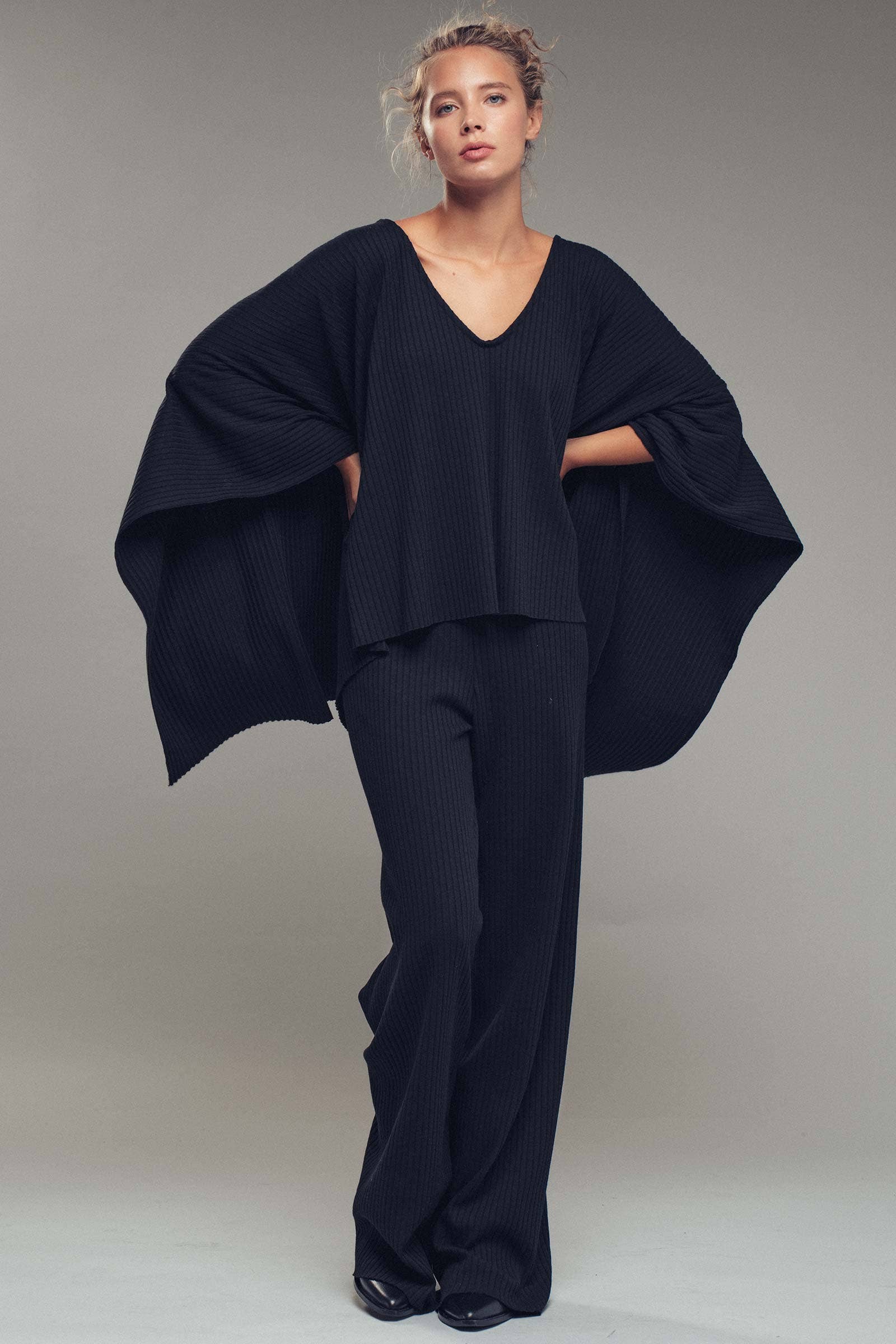 Ribbed Knit Poncho and Pants Set