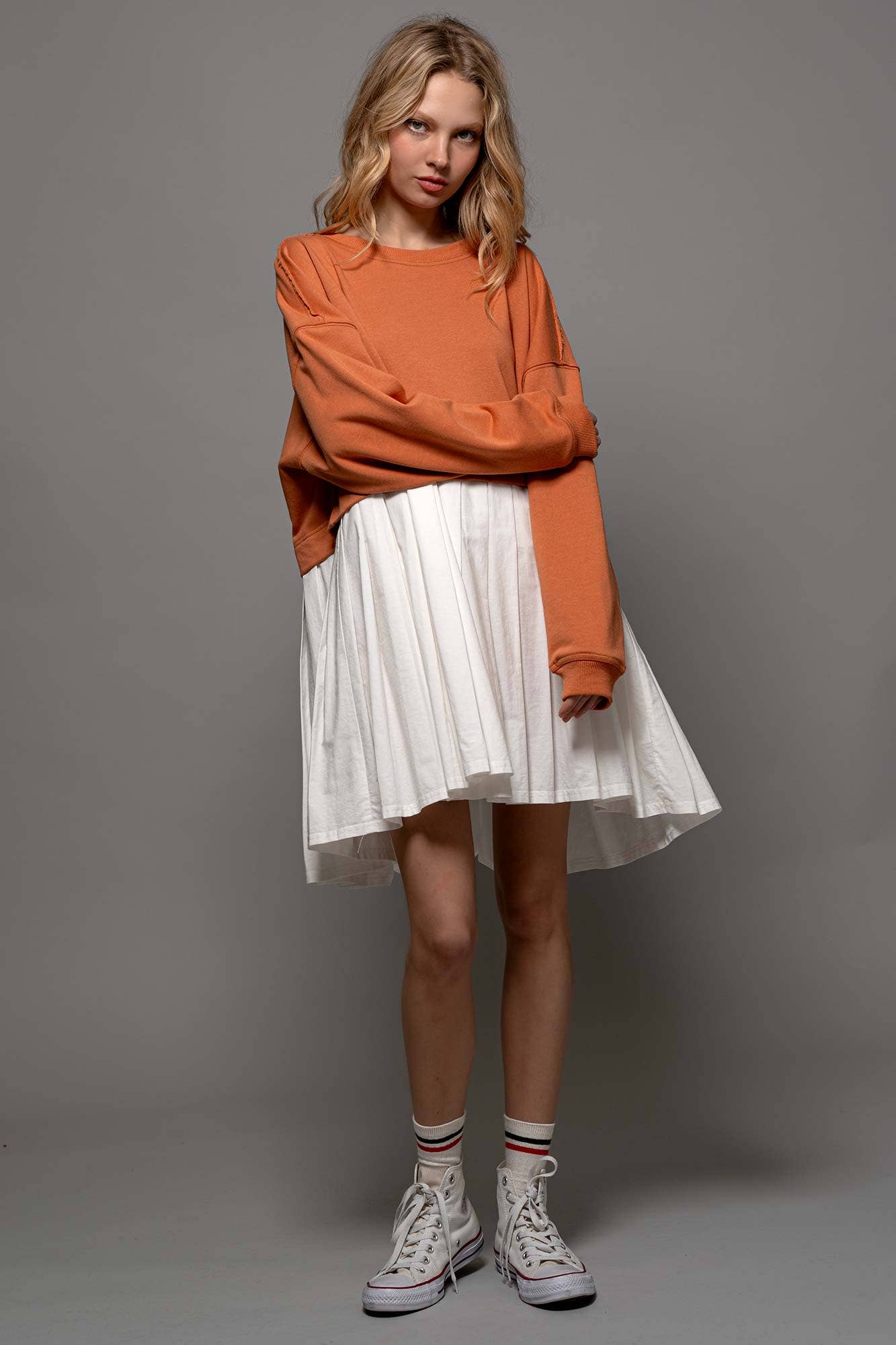 Urban Daizy Pleated Skirt Layered Statement Sweater Dress Rust Dress - Women's (UDZ-DR-00306) – alternate view 13