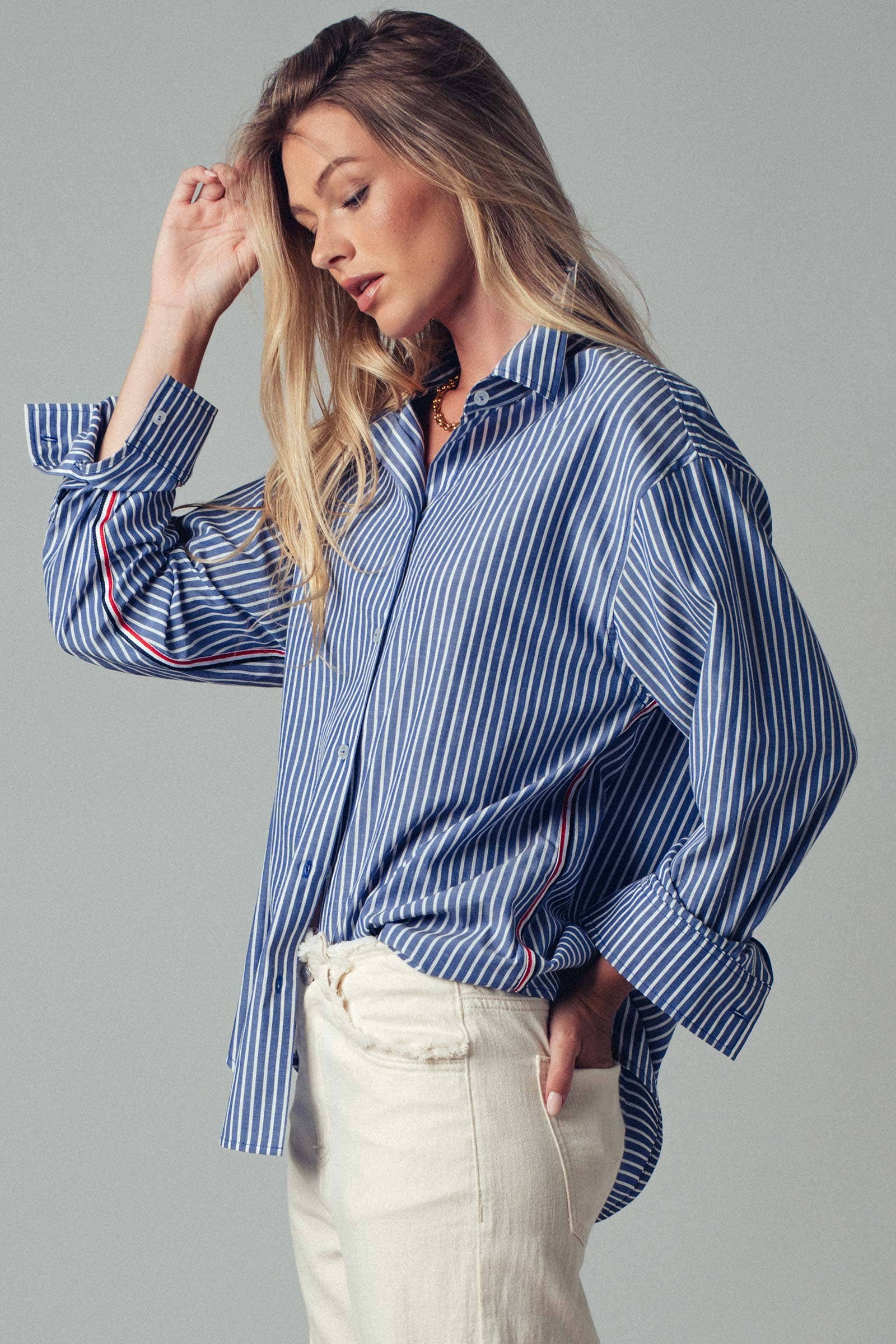 Striped Twill Tape Detail Statement Button Shirt