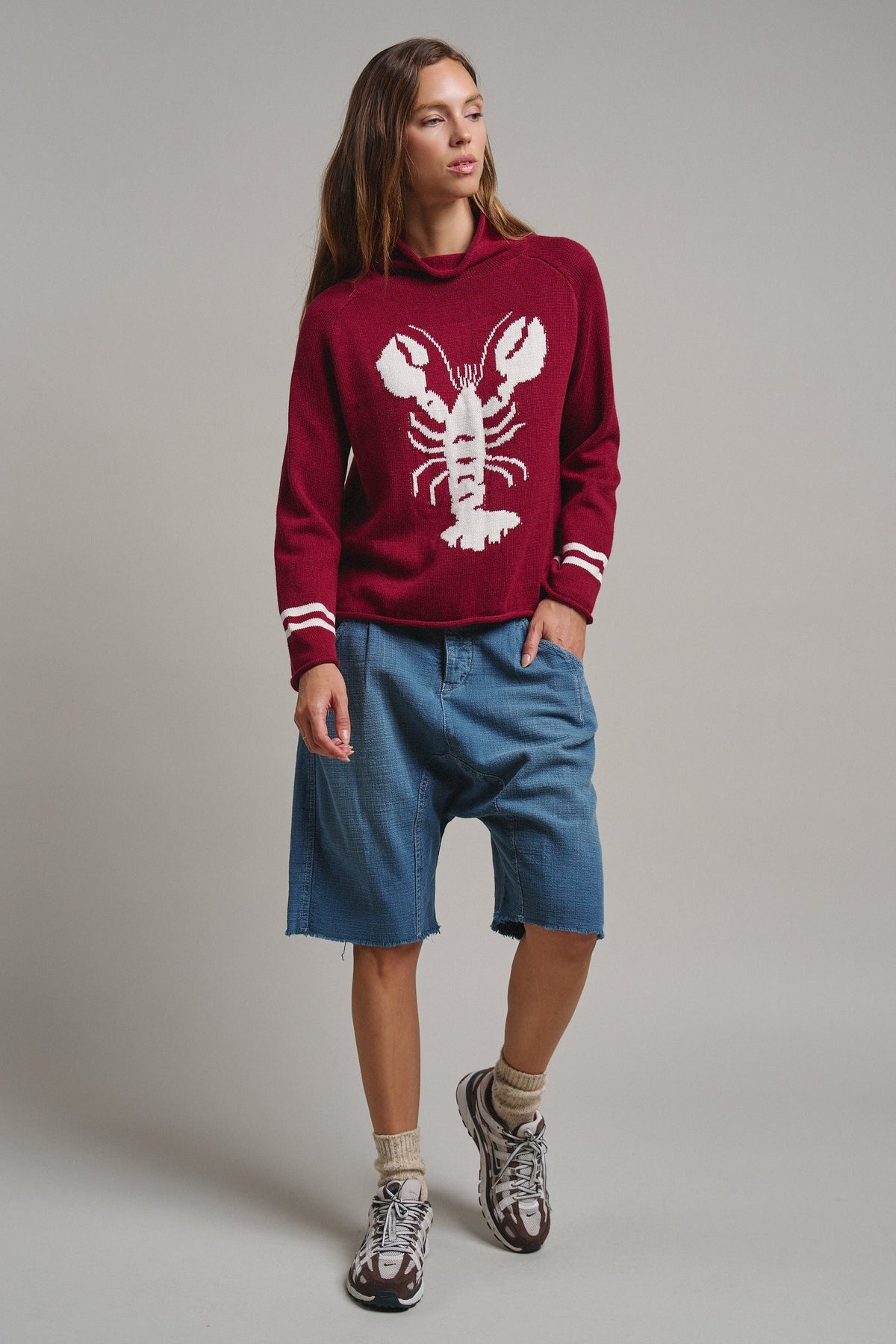 Lobster Intarsia Mock Neck Knit Sweater in BURGUNDY - Women's Sweaters | Urban Daizy