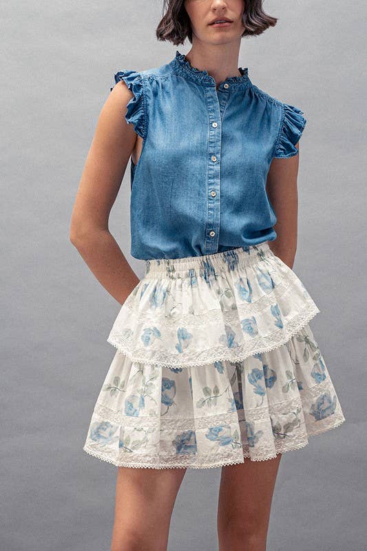 Urban Daizy Blue Rose Print Lace Trim Double Tiered Mini Skirt Ivory Skirt - Women's (UDZ-AC-00158) – alternate view 7