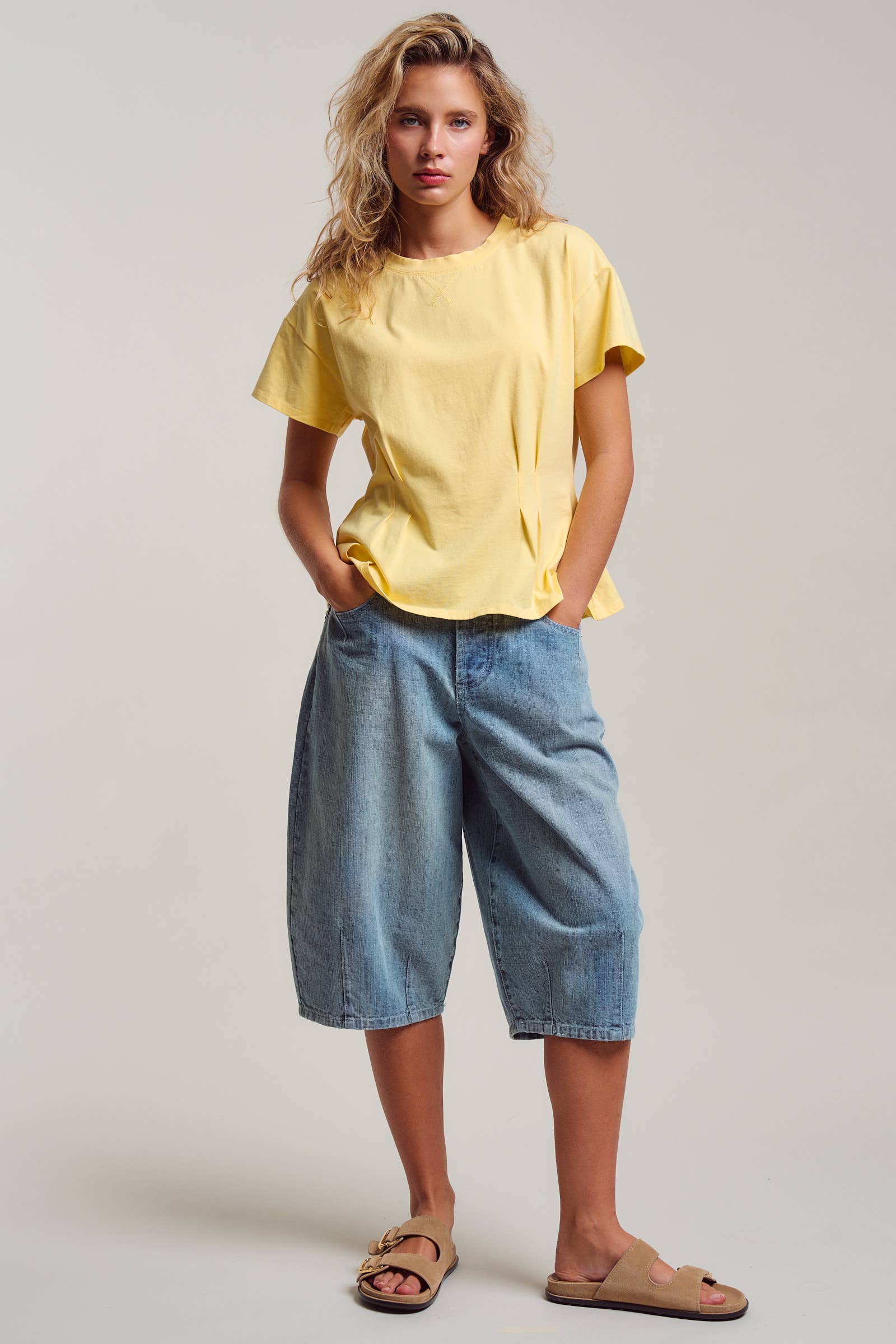 Urban Daizy Pleated Waist Cotton Spandex Everyday Tee Butter-Yellow T-Shirt - Women's (UDTP1324-Butter-Yellow) – alternate view 13
