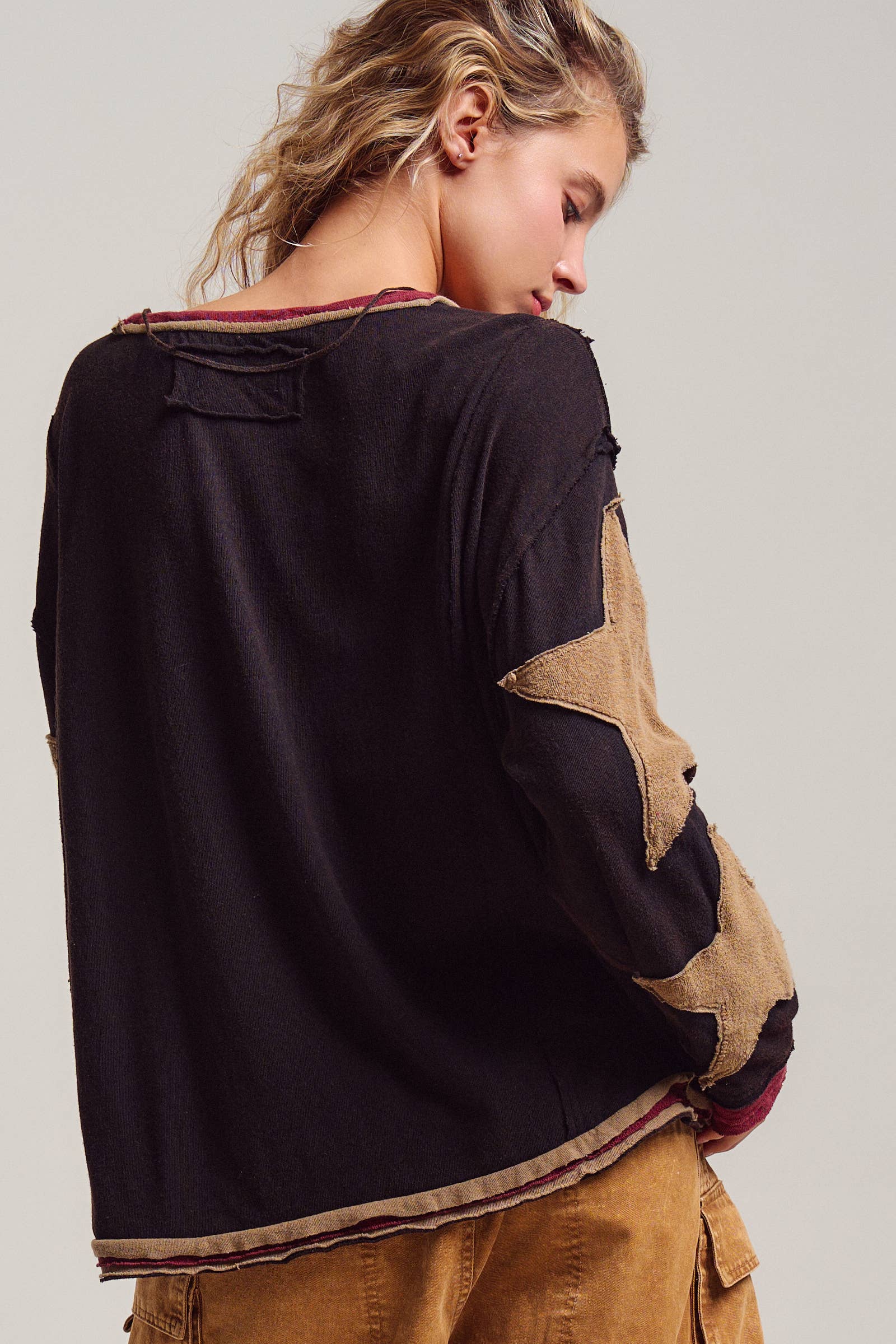 Urban Daizy Raw Seam Star Patch Slouchy Knit Top Brown Knit Top - Women's (UDTP1432-Brown) – alternate view 5
