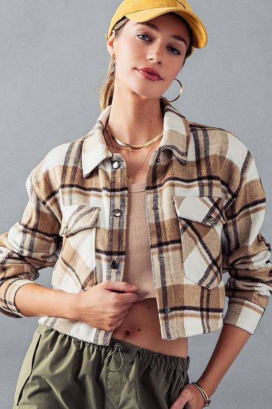 Urban Daizy BELLA SNAP BUTTON PLAID CROP JACKET Camel Jacket - Women's (UDZ-OT-00264)