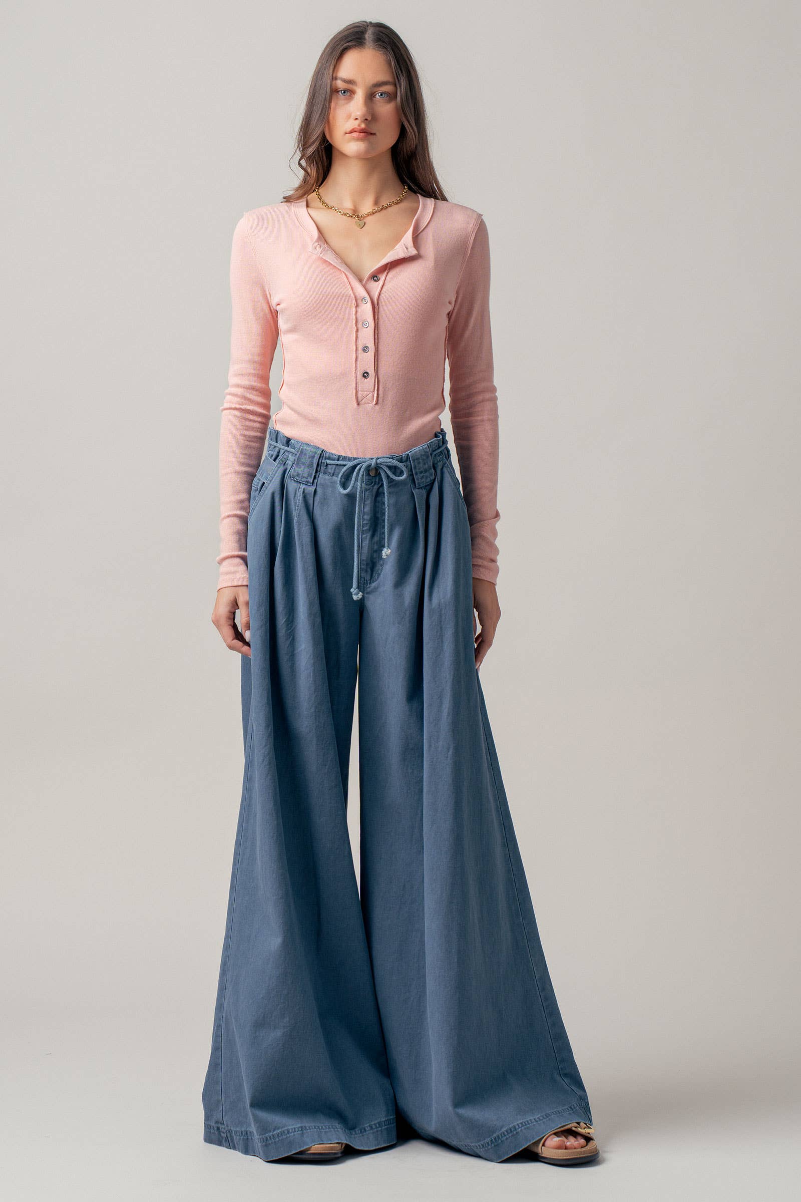 Wide-Leg Drawstring Denim Pants