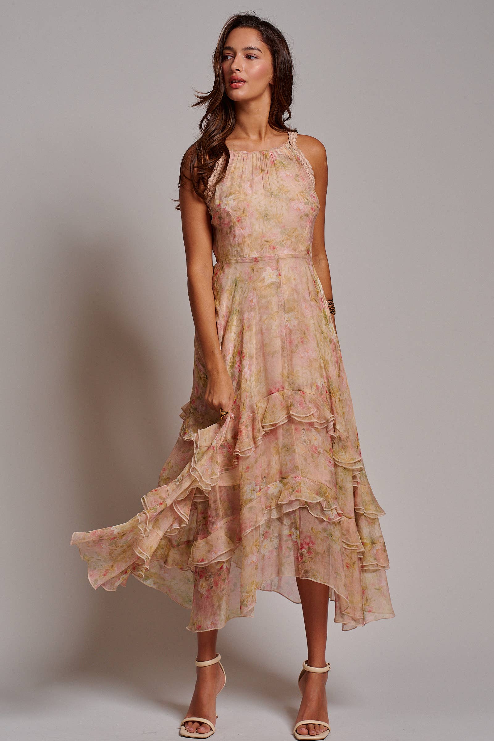 Floral Waterfall Ruffle Midi Dress Crochet Trim