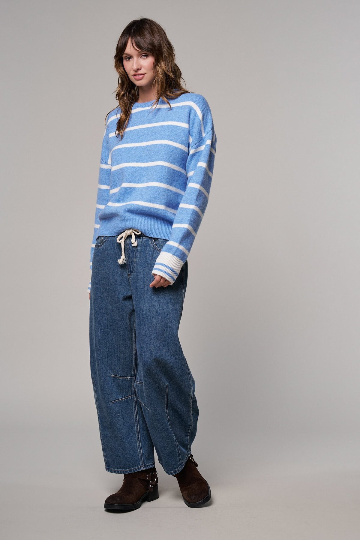 Cloud Nine Fuzzy Stripe Sweater in IVORY BLUE - Women's Sweaters | Urban Daizy