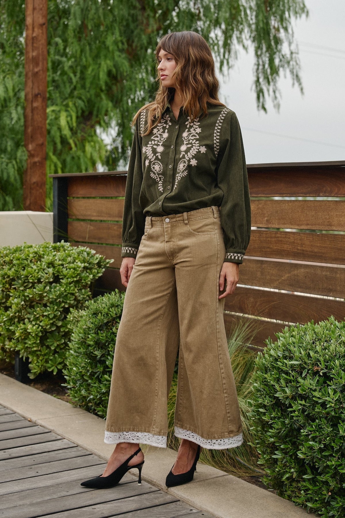 Wide Leg Lace Hem Denim Casual Pants in TAUPE	 - Women's Casual Pants | Urban Daizy