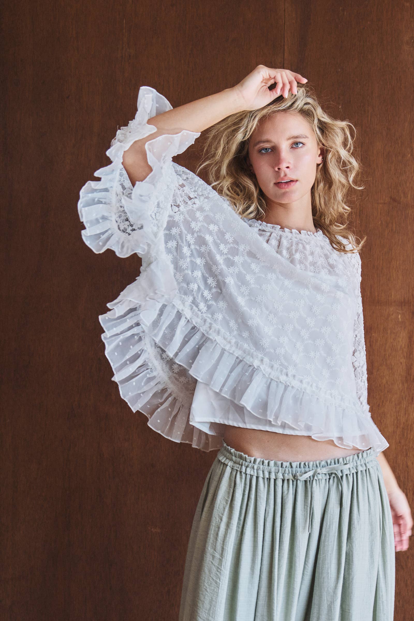 Swiss Dot Lace Top Ruffle Flutter Sleeve