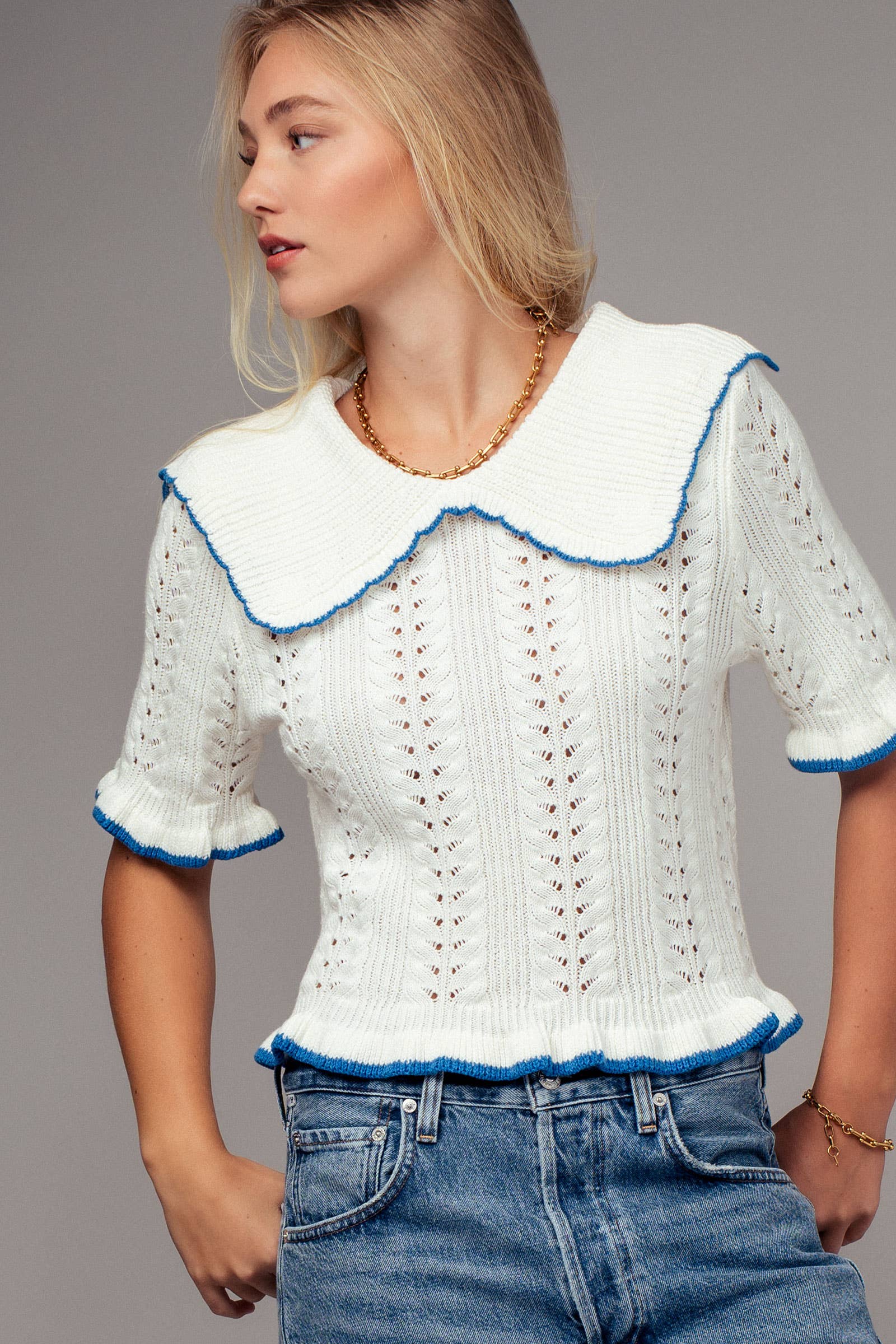 Urban Daizy Crochet Knit Ruffled Top Black Knit Top - Women's (UDZ-TP-00721) – alternate view 3