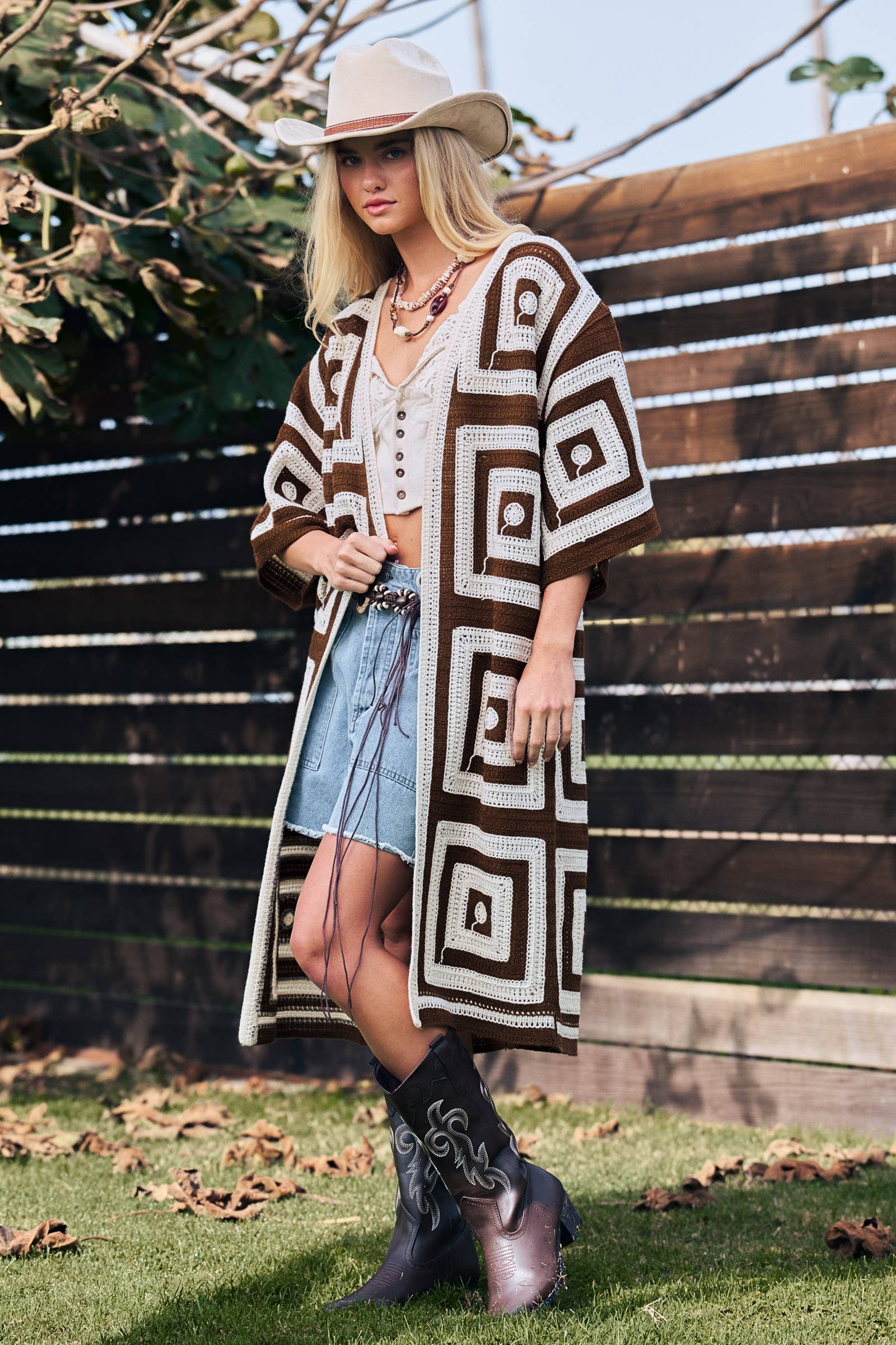 Geometric Granny Square Crochet Open Front Cardigan