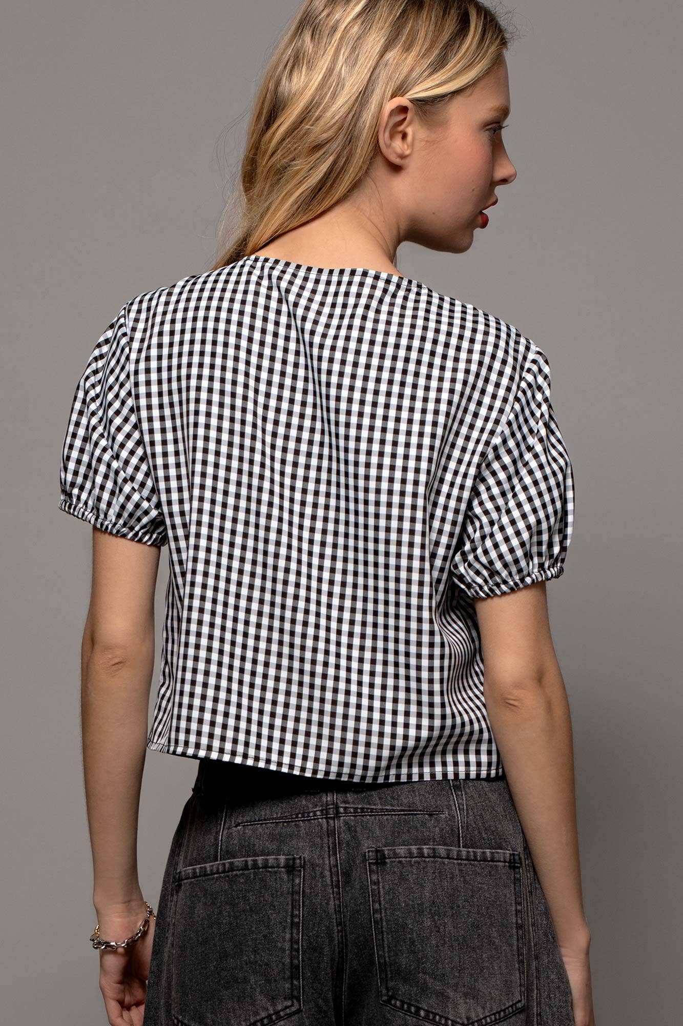 Urban Daizy Gingham Triple Bow Puff Sleeve Crop Top Pink Blouse - Women's (UDZ-TP-01033) – alternate view 20