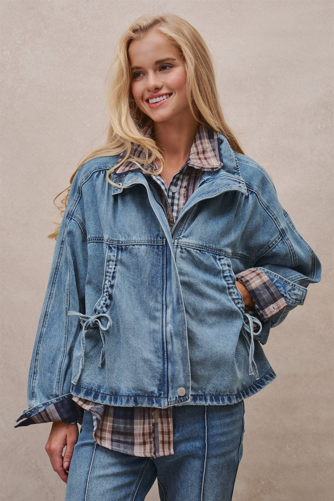 Vintage Washed Drawstring Denim Jacket with Stand Collar in DENIM - Women's Denim Jackets | Urban Daizy