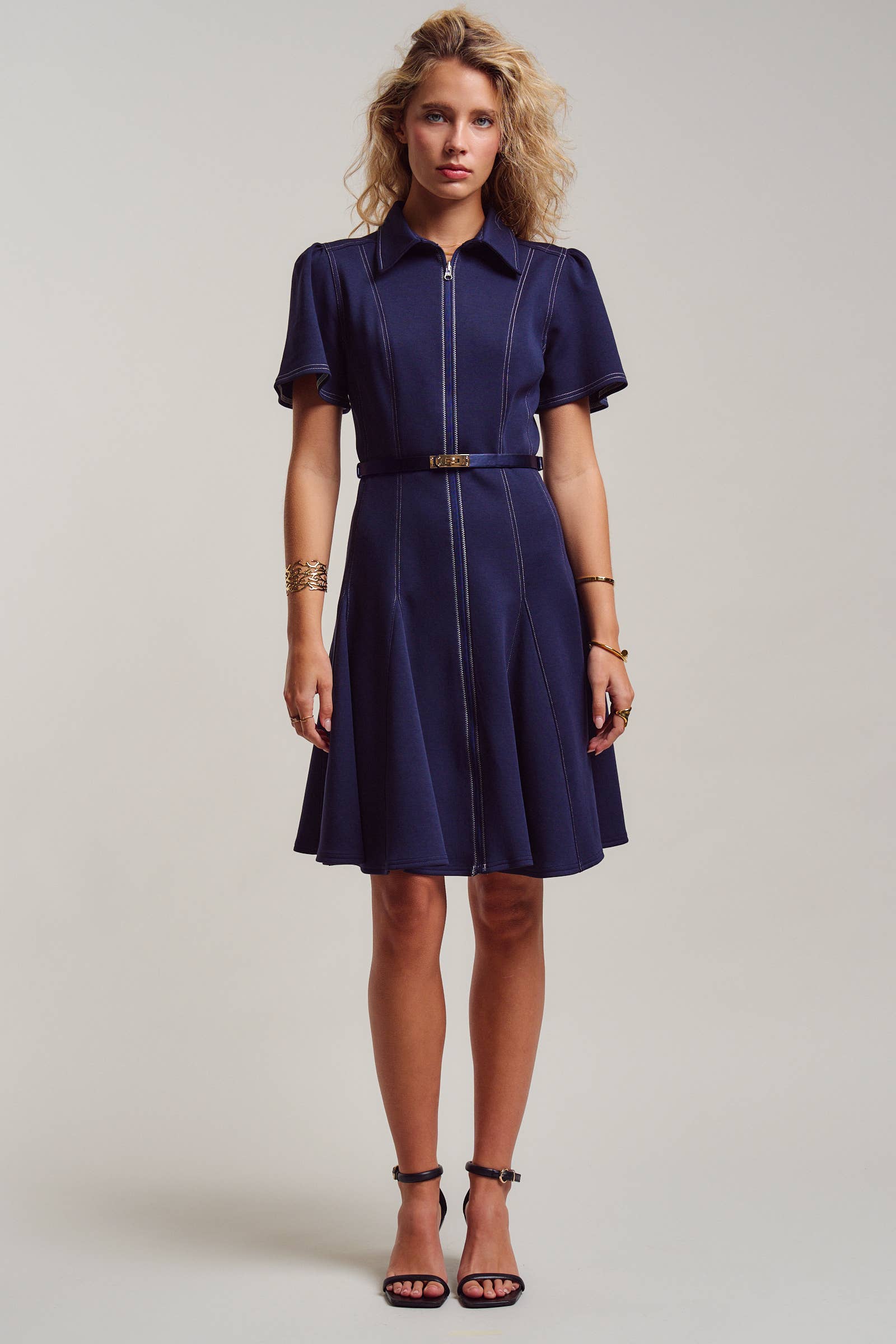 Contrast Stitch Zip Front Knit Mini Dress Belted