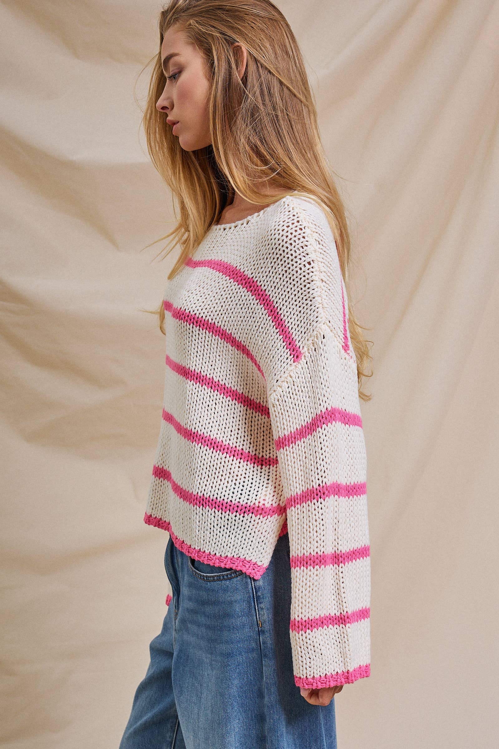 Nautical Striped Open Knit Slouchy Sweater