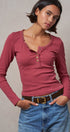 Ribbed Henley Top with Crochet Trim Neckline in MAUVE - Women's T-Shirts & Polos | Urban Daizy