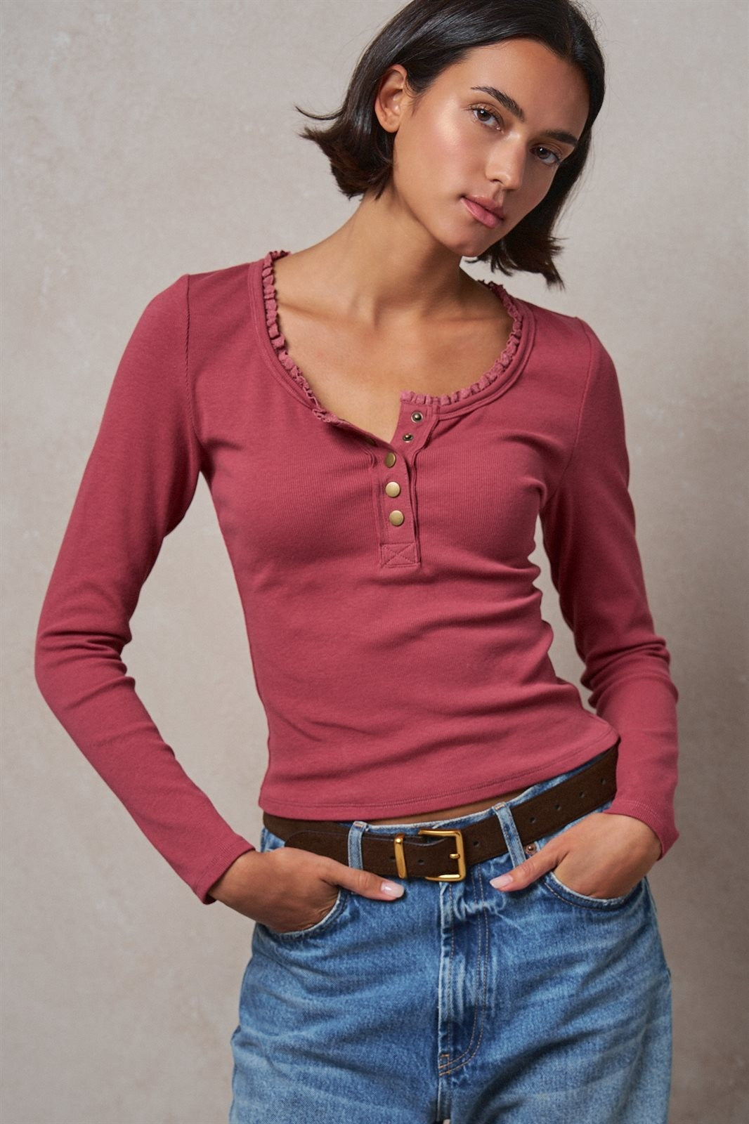 Ribbed Henley Top with Crochet Trim Neckline in MAUVE - Women's T-Shirts & Polos | Urban Daizy