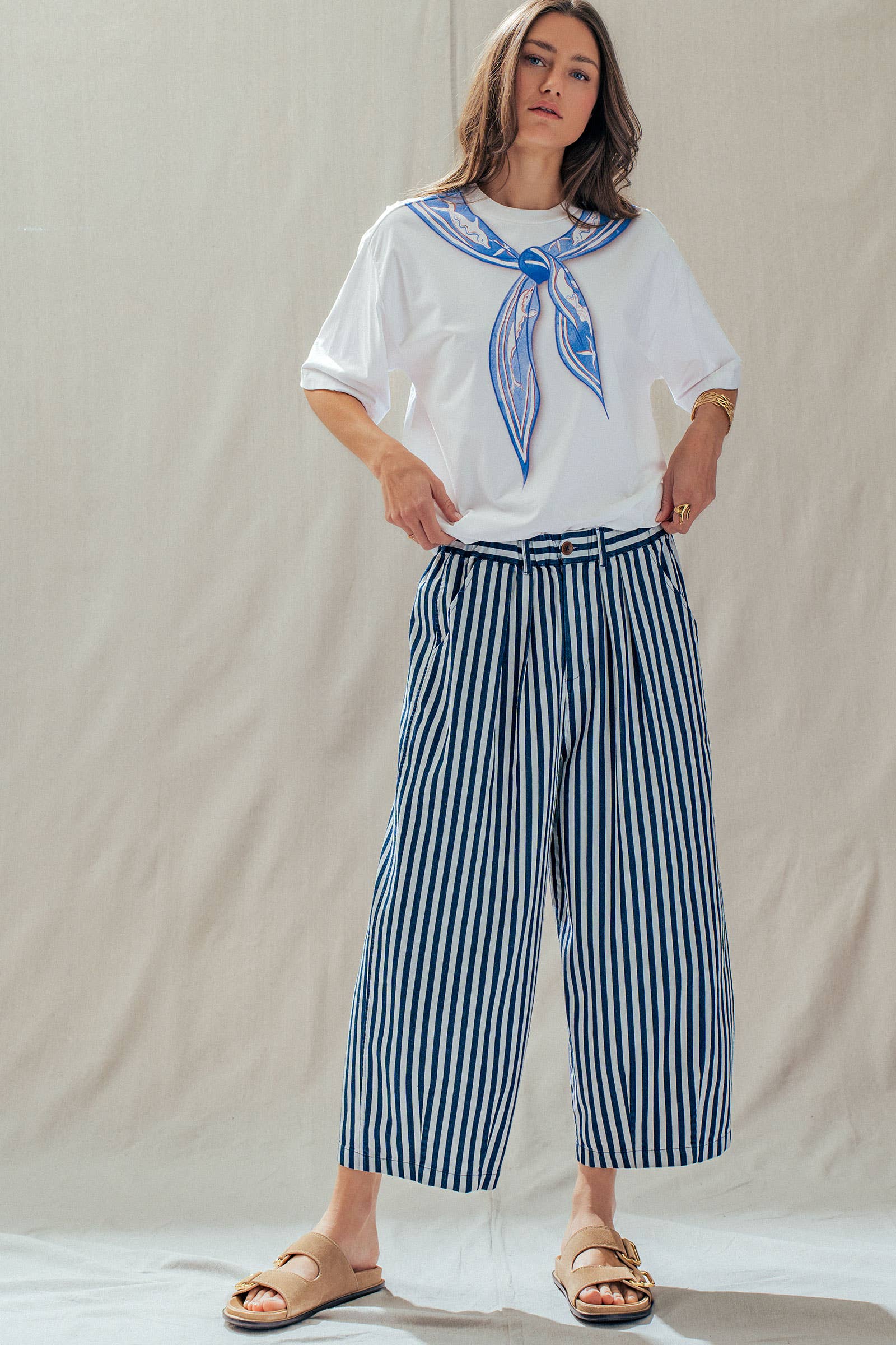 Striped Pleated Wide Leg Culotte Pants